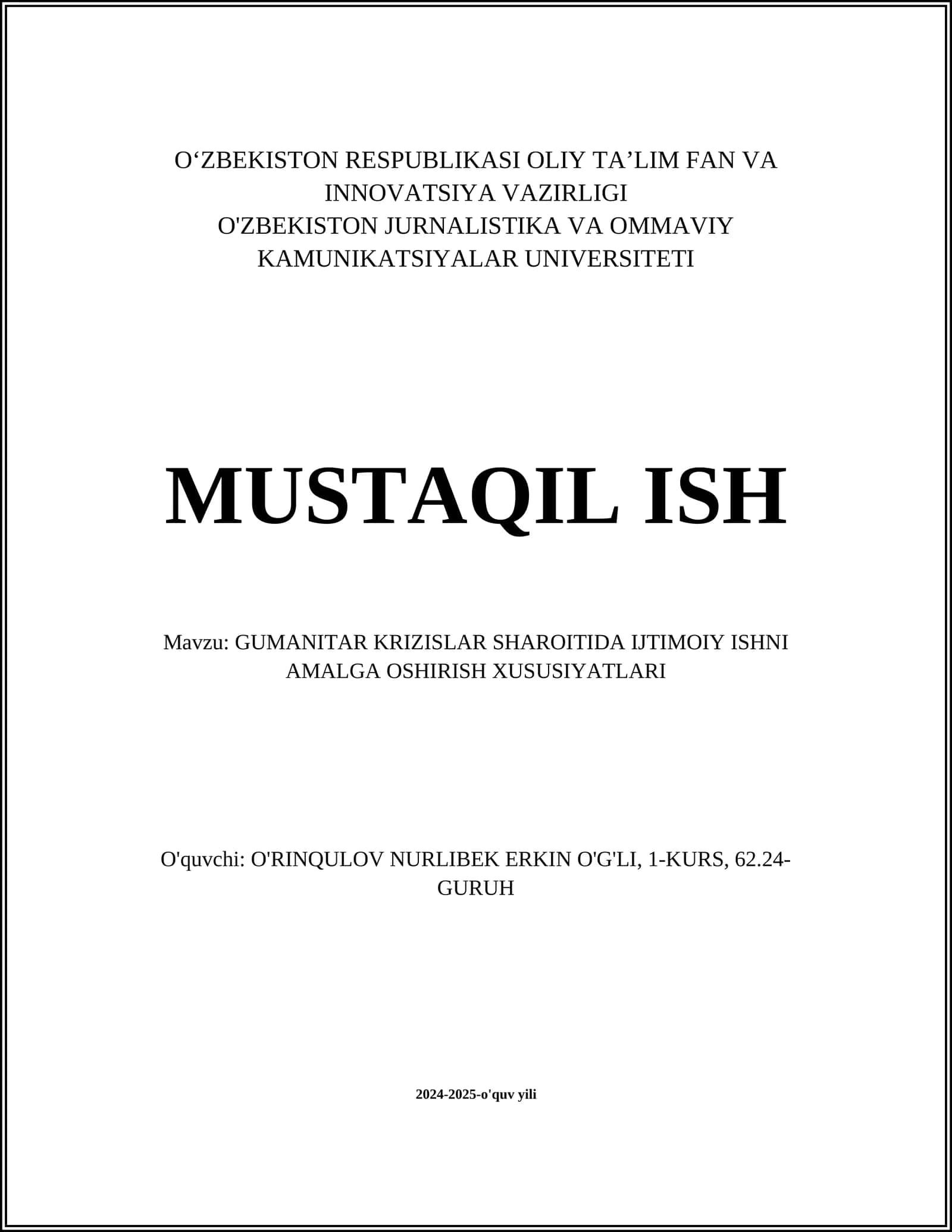 GUMANITAR KRIZISLAR SHAROITIDA IJTIMOIY ISHNI AMALGA OSHIRISH XUSUSIYATLARI