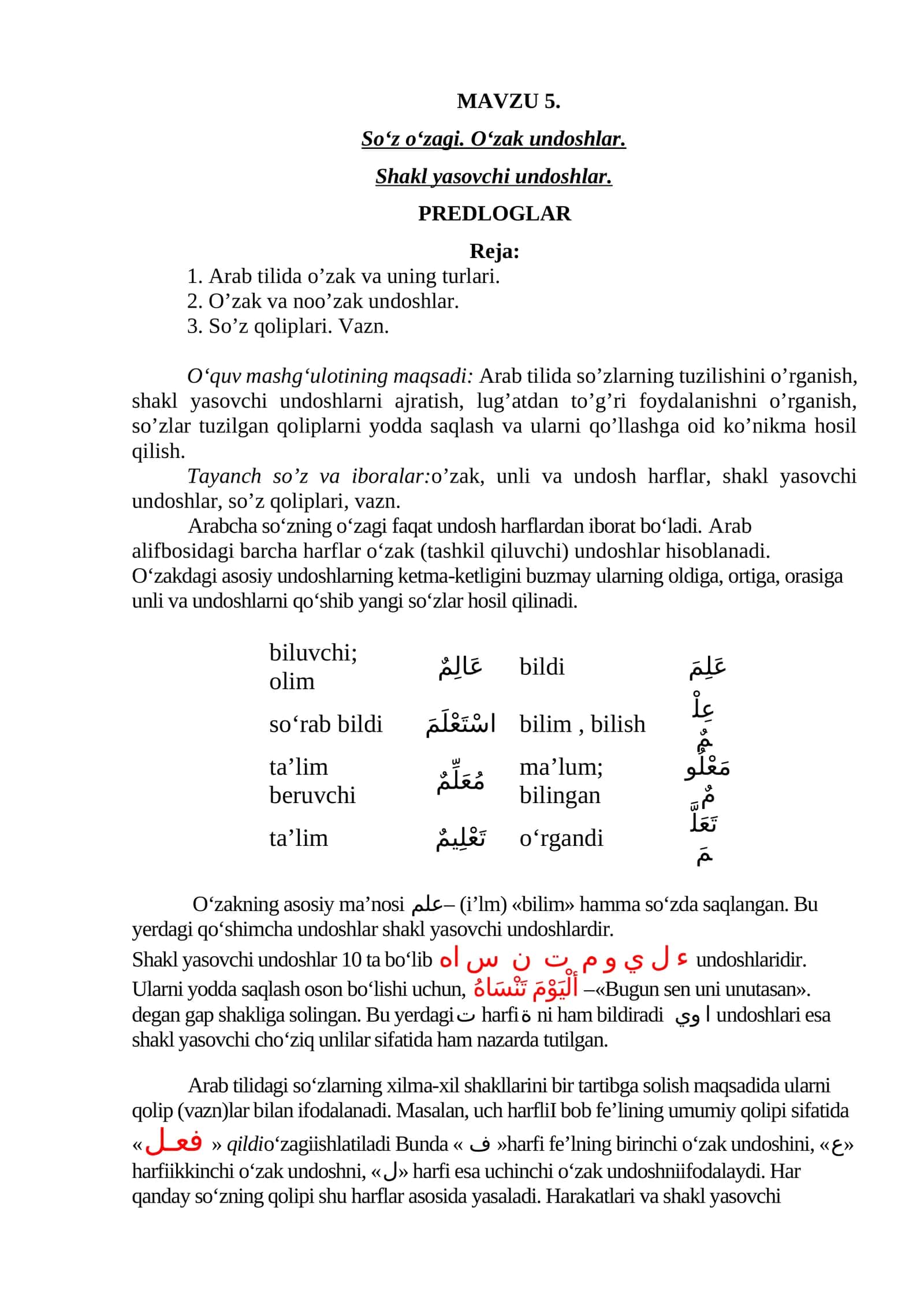 So‘z o‘zagi. O‘zak undoshlar. Shakl yasovchi undoshlar. PREDLOGLAR