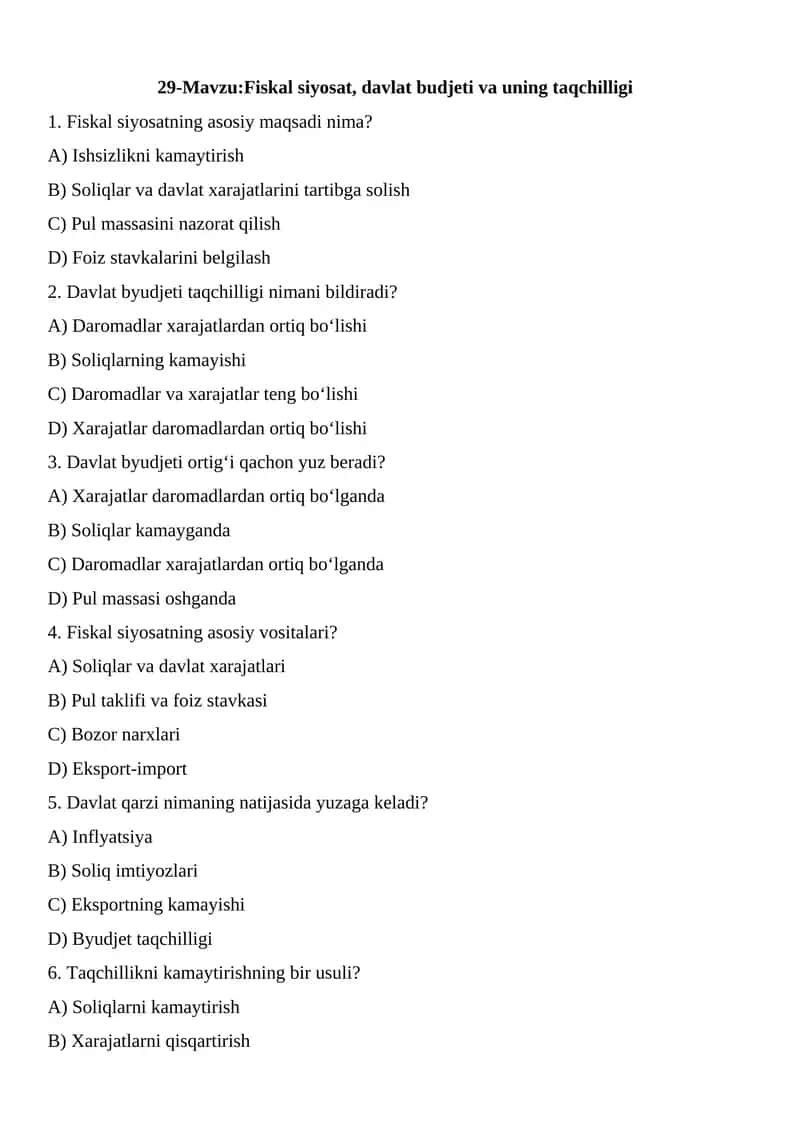 Iqtisodiyot mavzularga oid testlar
