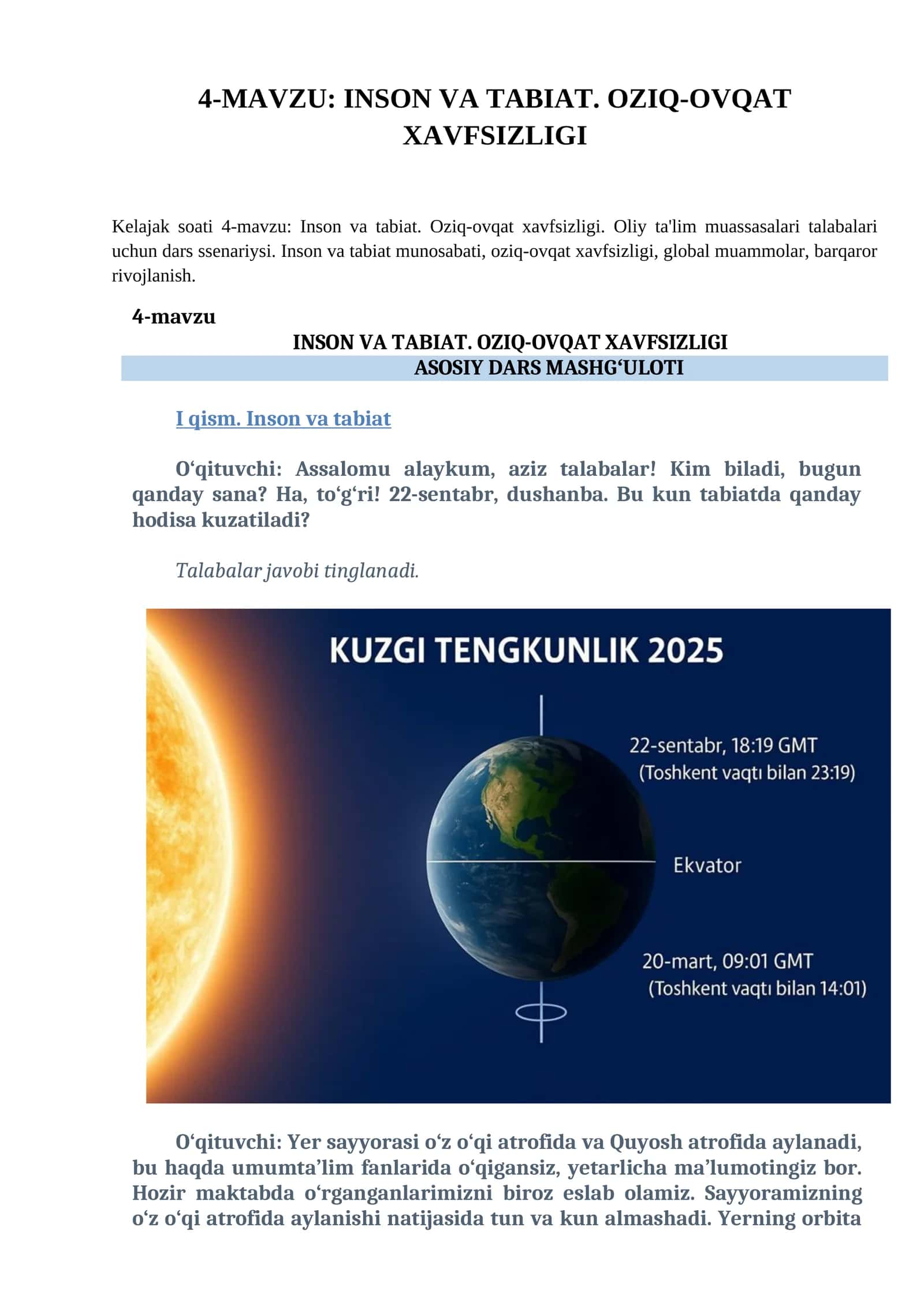 INSON VA TABIAT. OZIQ-OVQAT XAVFSIZLIGI