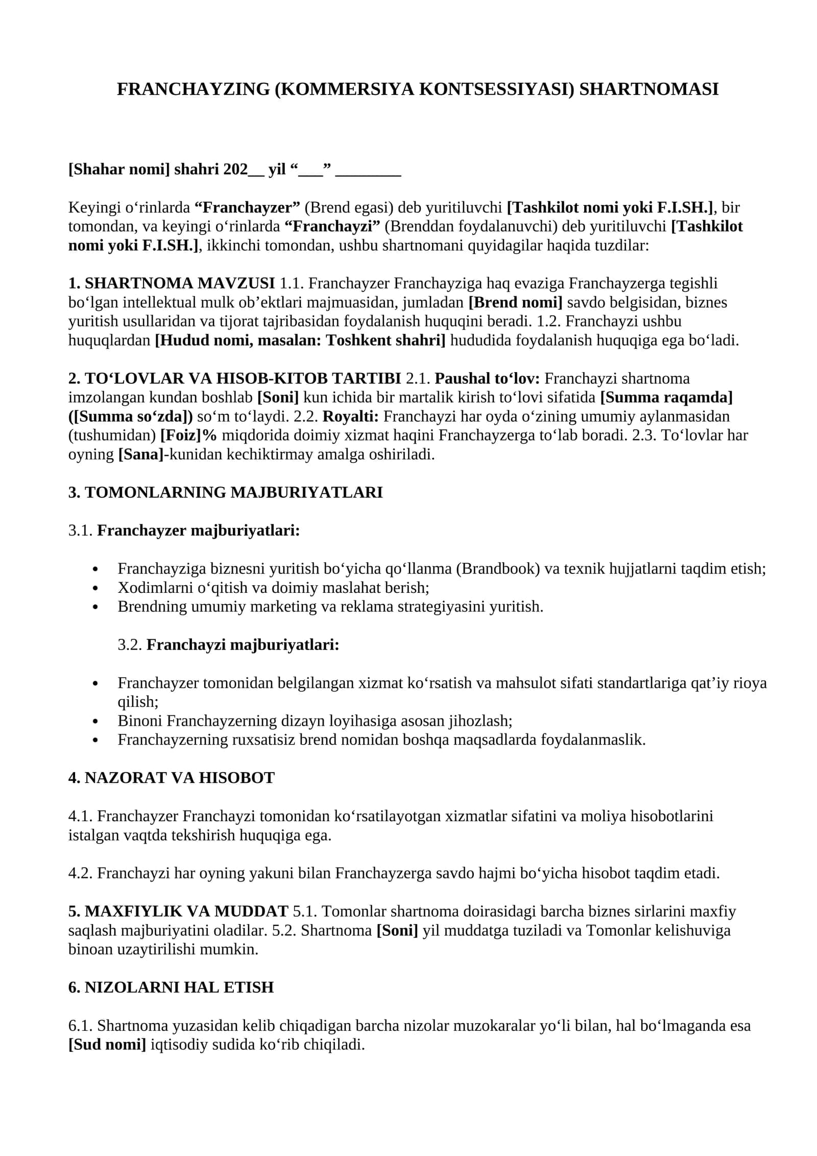 FRANCHAYZING (KOMMERSIYA KONTSESSIYASI) SHARTNOMASI NAMUNA 2026