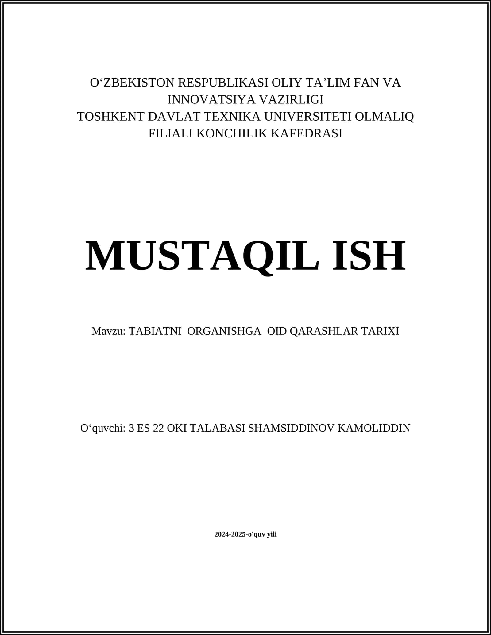 TABIATNI ORGANISHGA OID QARASHLAR TARIXI