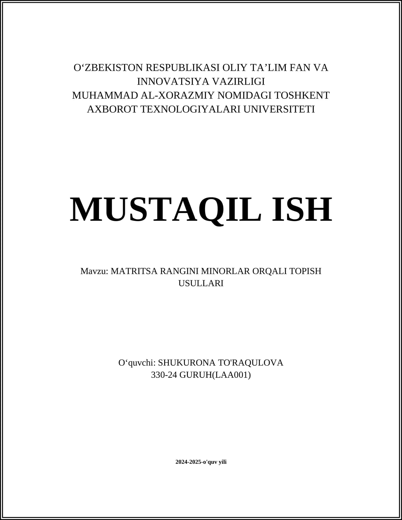 MATRITSA RANGINI MINORLAR ORQALI TOPISH USULLARI