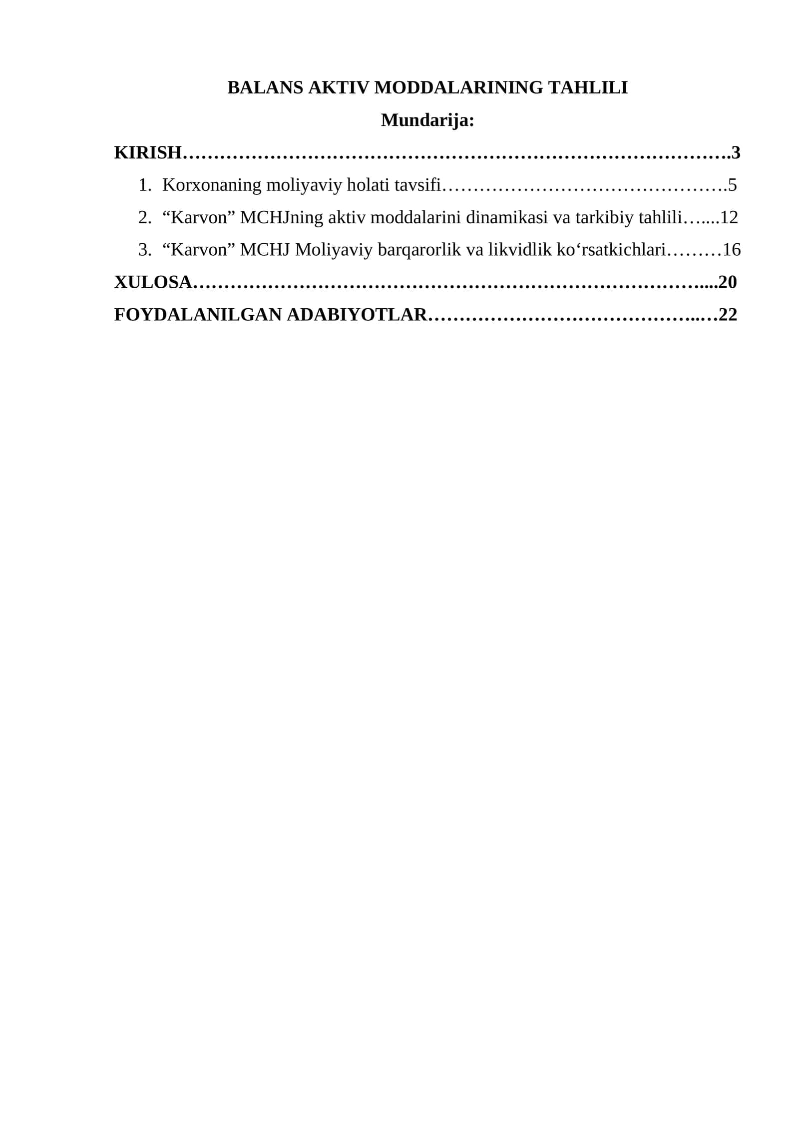 BALANS AKTIV MODDALARINING TAHLILI