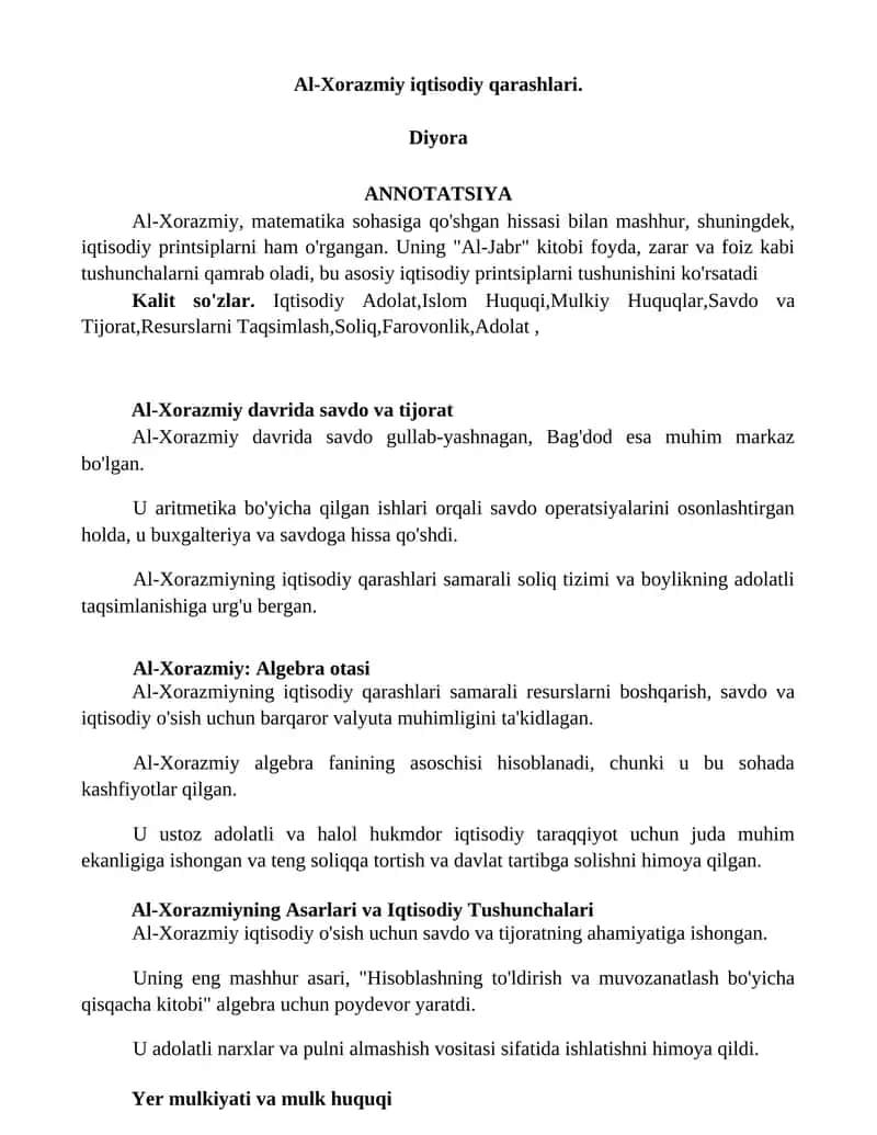 Al-Xorazmiy iqtisodiy qarashlari