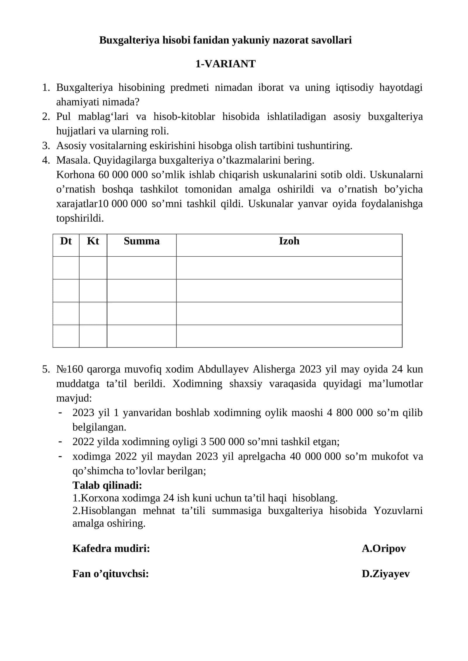 Buxgalteriya hisobi fanidan yakuniy nazorat savollari