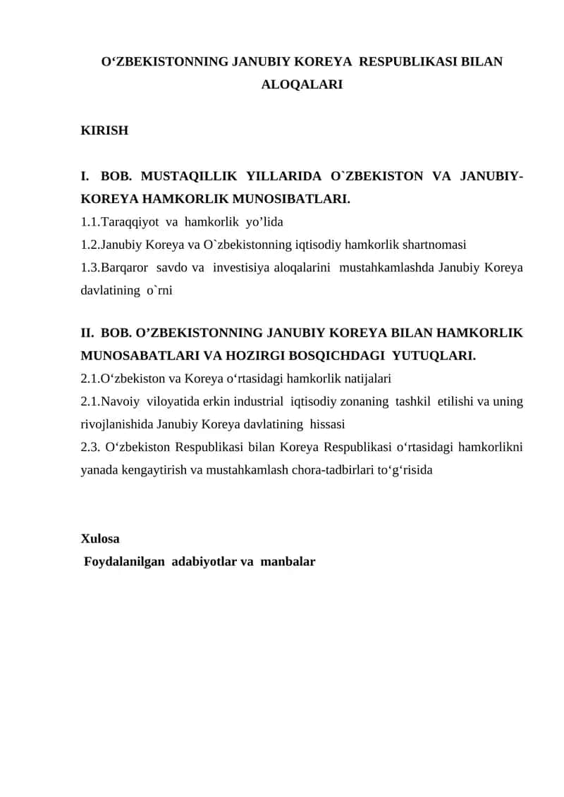 O‘ZBEKISTONNING JANUBIY KOREYA RESPUBLIKASI BILAN ALOQALARI