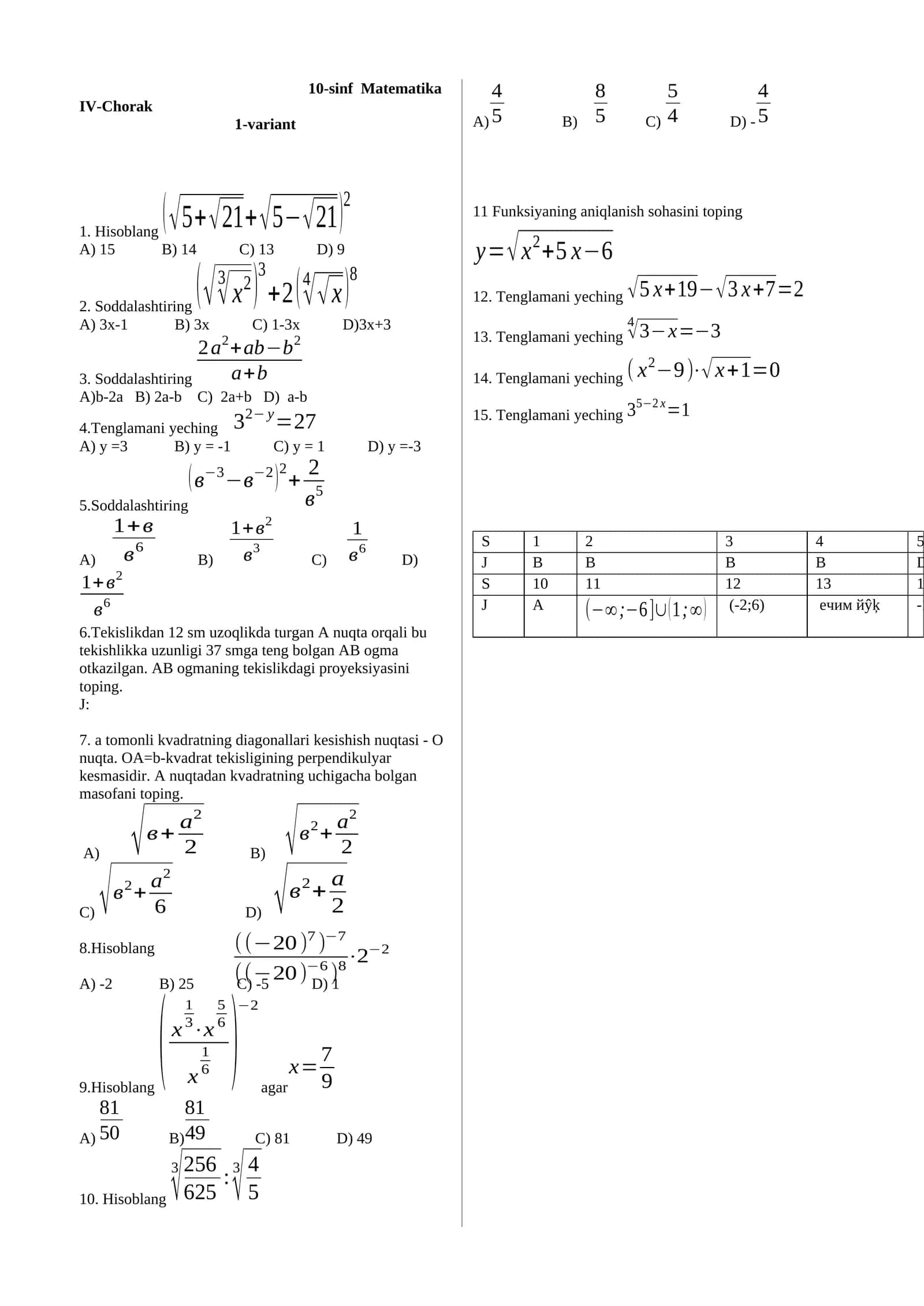 10-sinf Matematika IV-Chorak