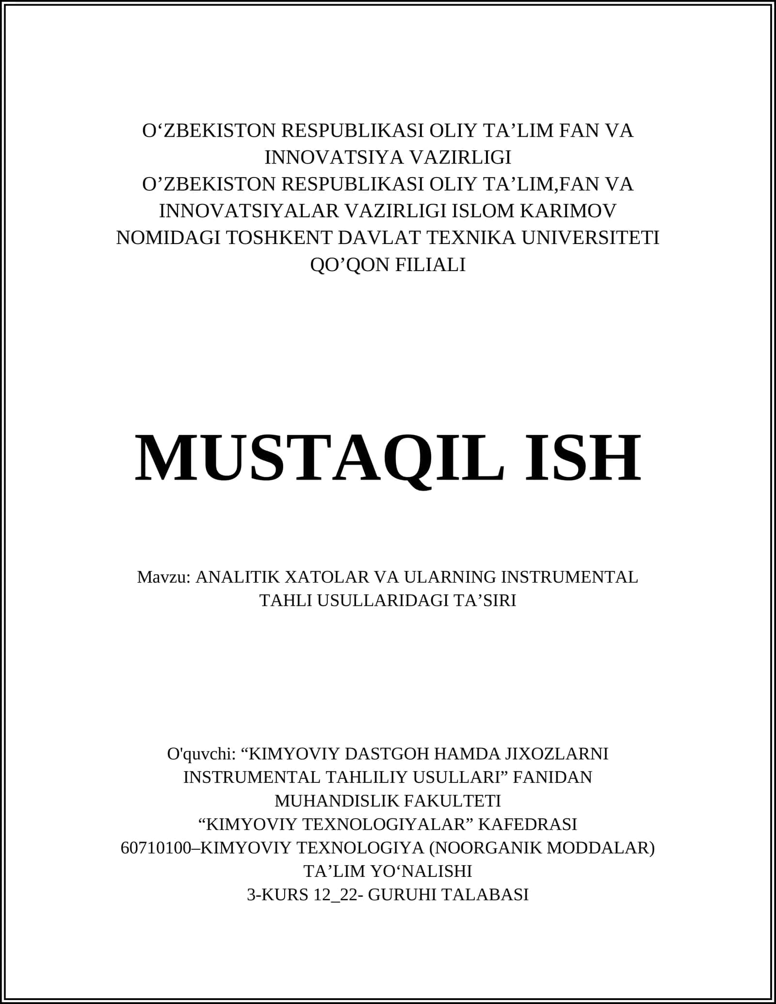ANALITIK XATOLAR VA ULARNING INSTRUMENTAL TAHLI USULLARIDAGI TA’SIRI