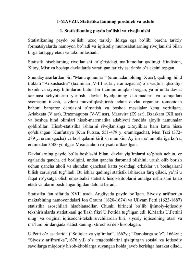 Statistika fanining predmeti va uslubi