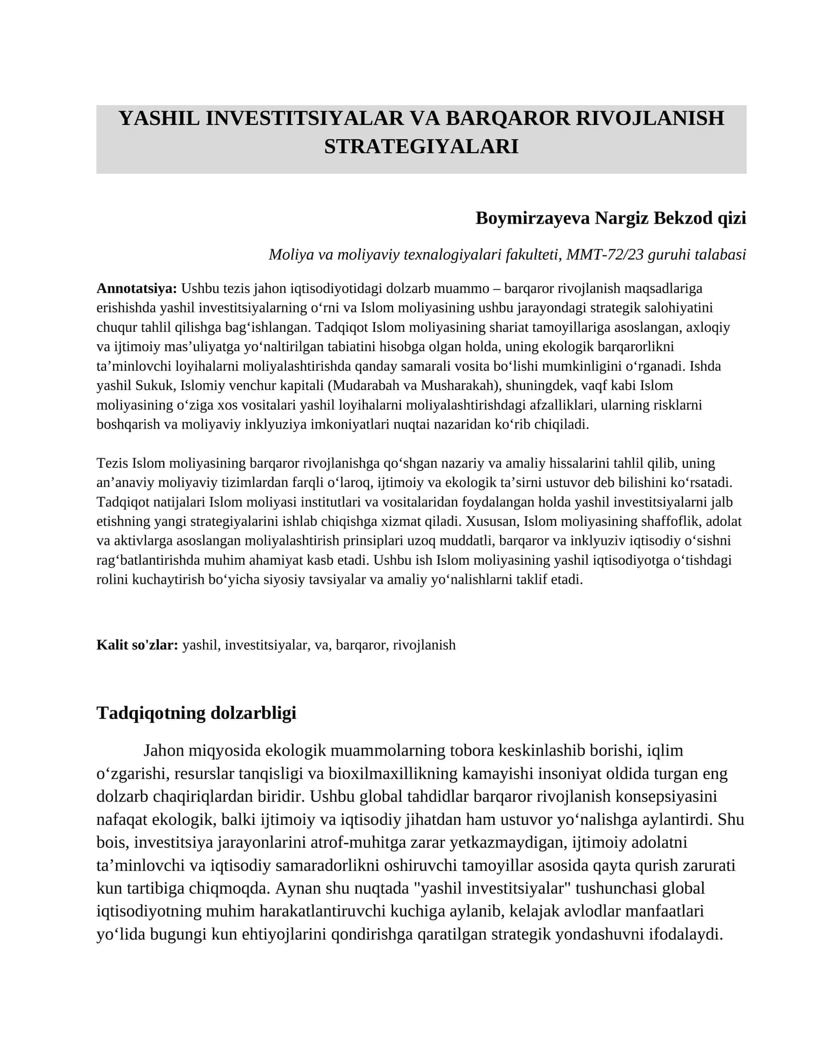 Yashil investitsiyalar va barqaror rivojlanish strategiyalari