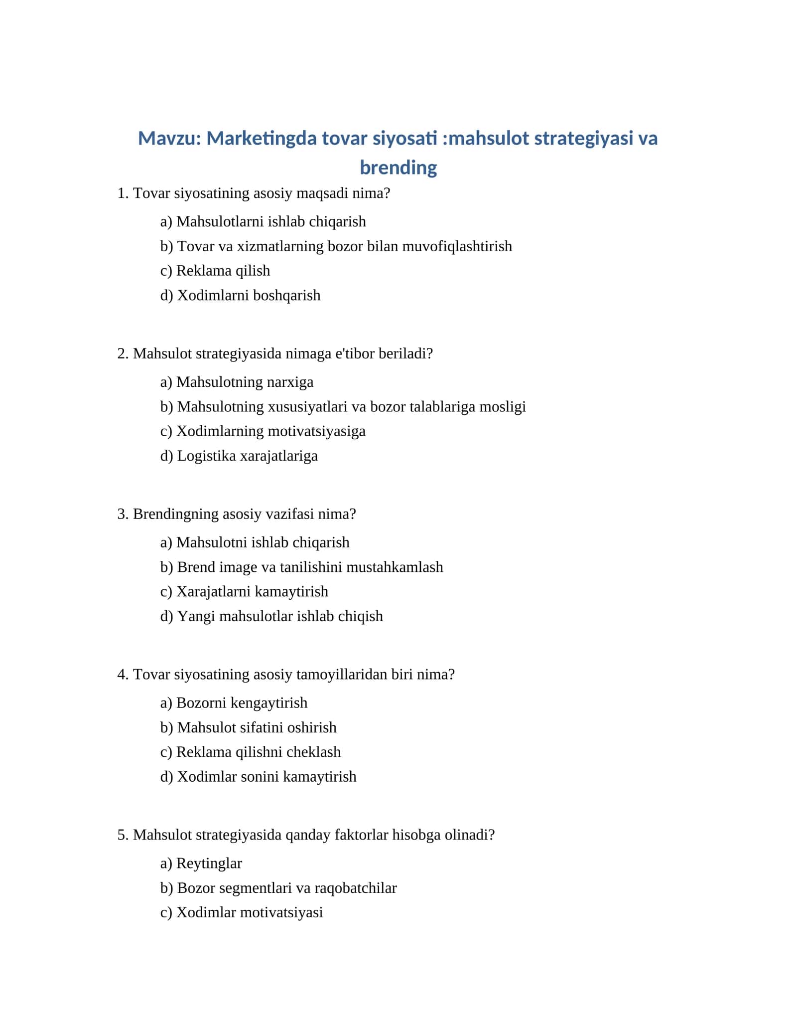 Marketingda tovar siyosati:mahsulot strategiyasi va brending