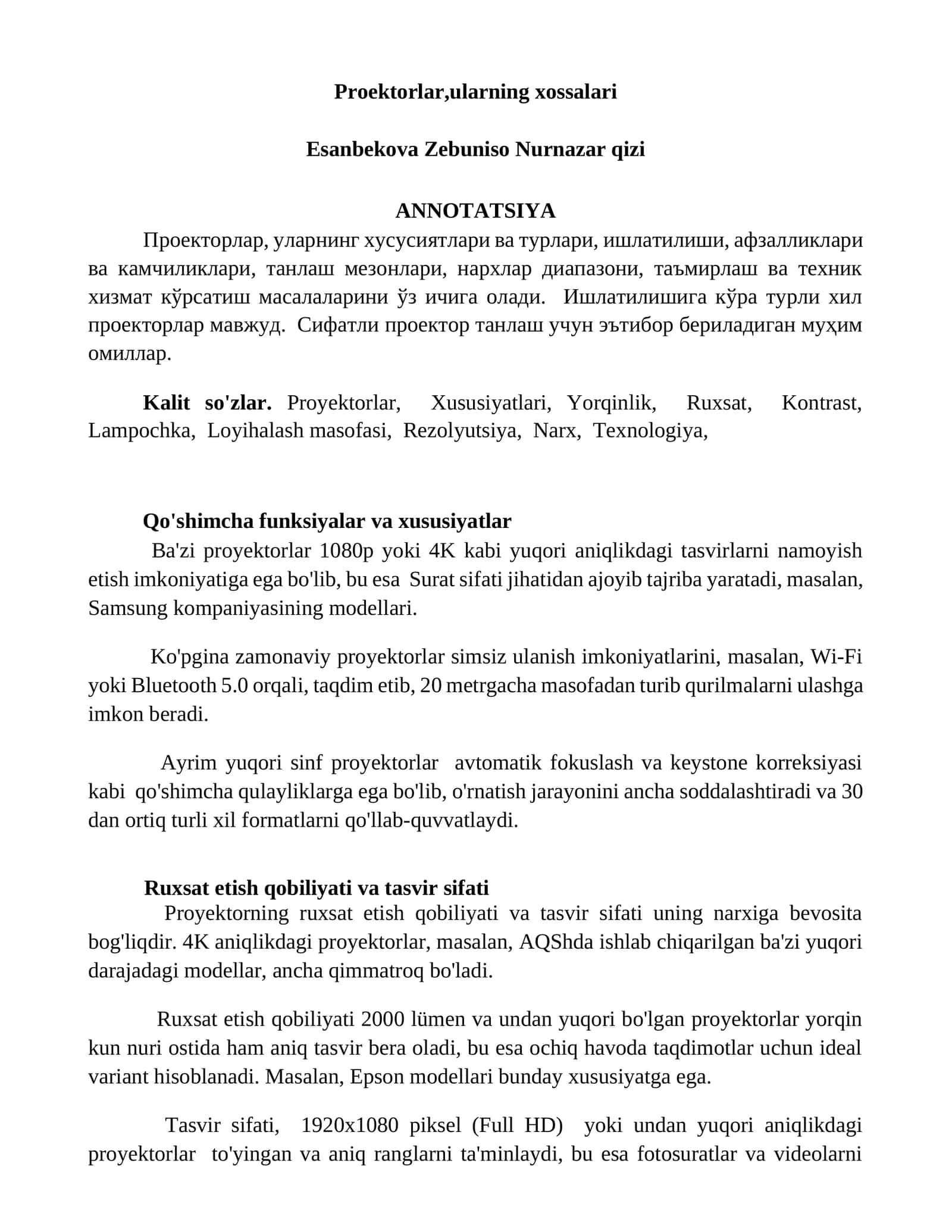 Proektorlar, ularning xossalari