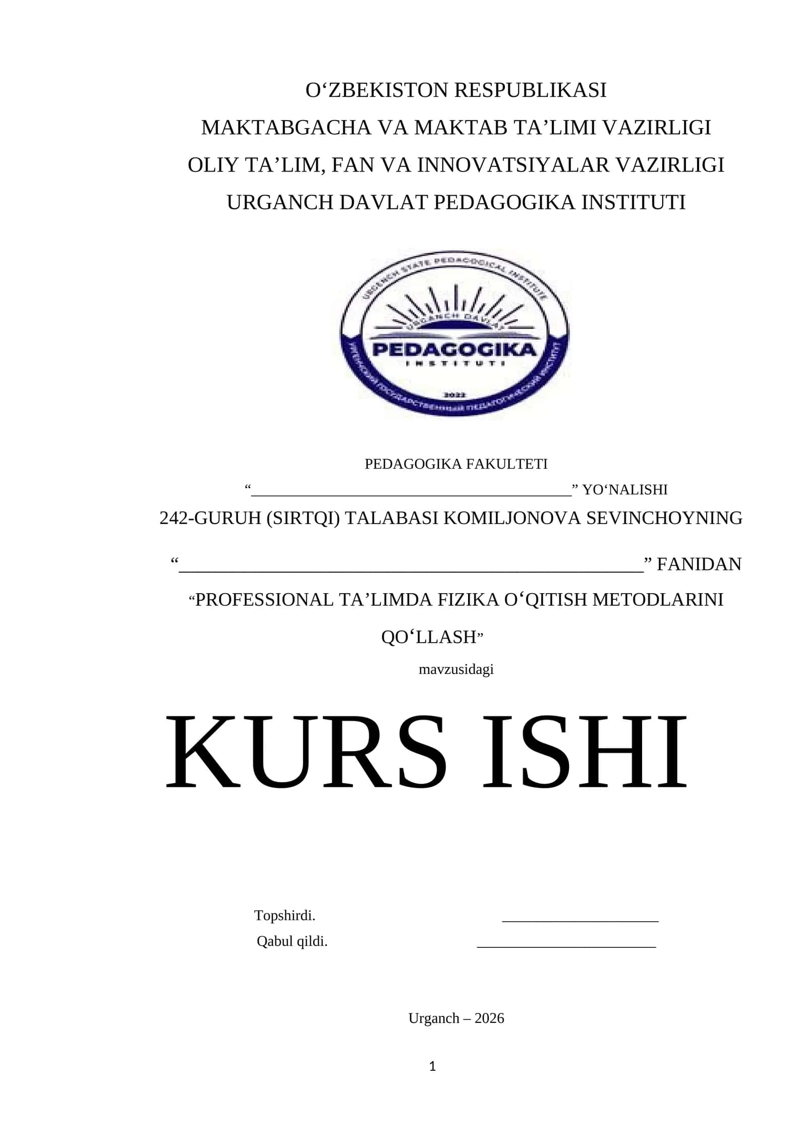 "PROFESSIONAL TA’LIMDA FIZIKA OʻQITISH METODLARINI QOʻLLASH"