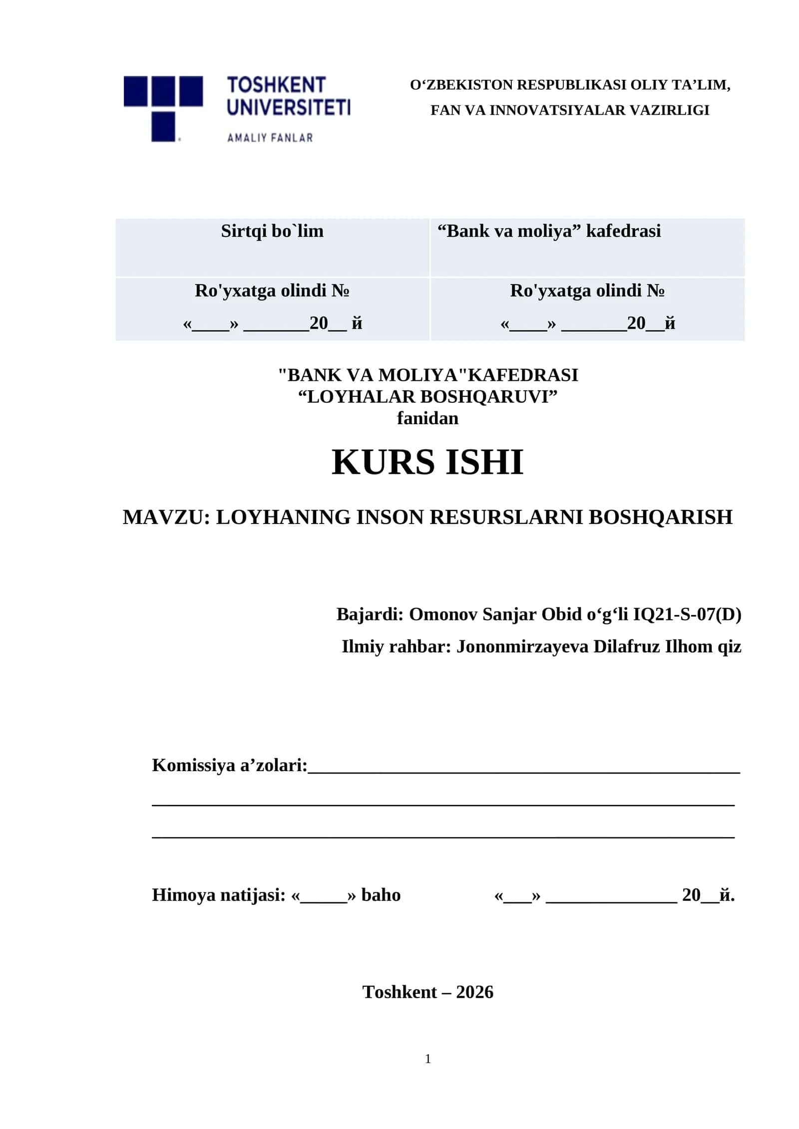 LOYHANING INSON RESURSLARNI BOSHQARISH