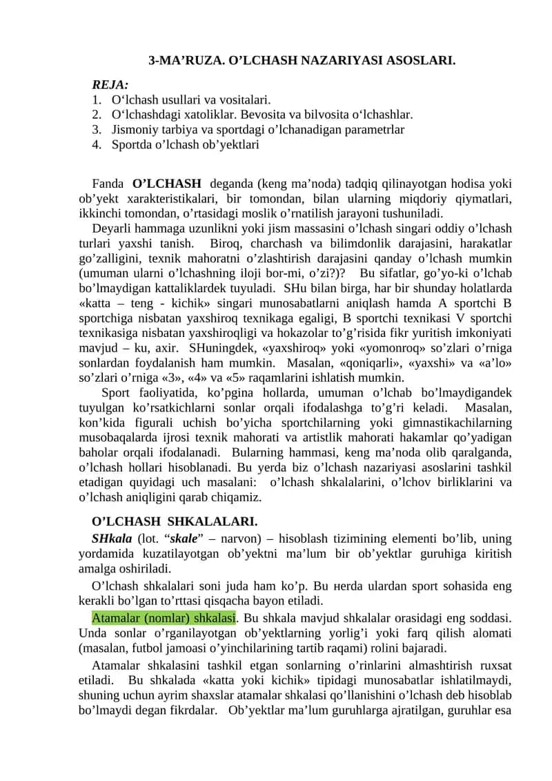 O’LCHASH NAZARIYASI ASOSLARI