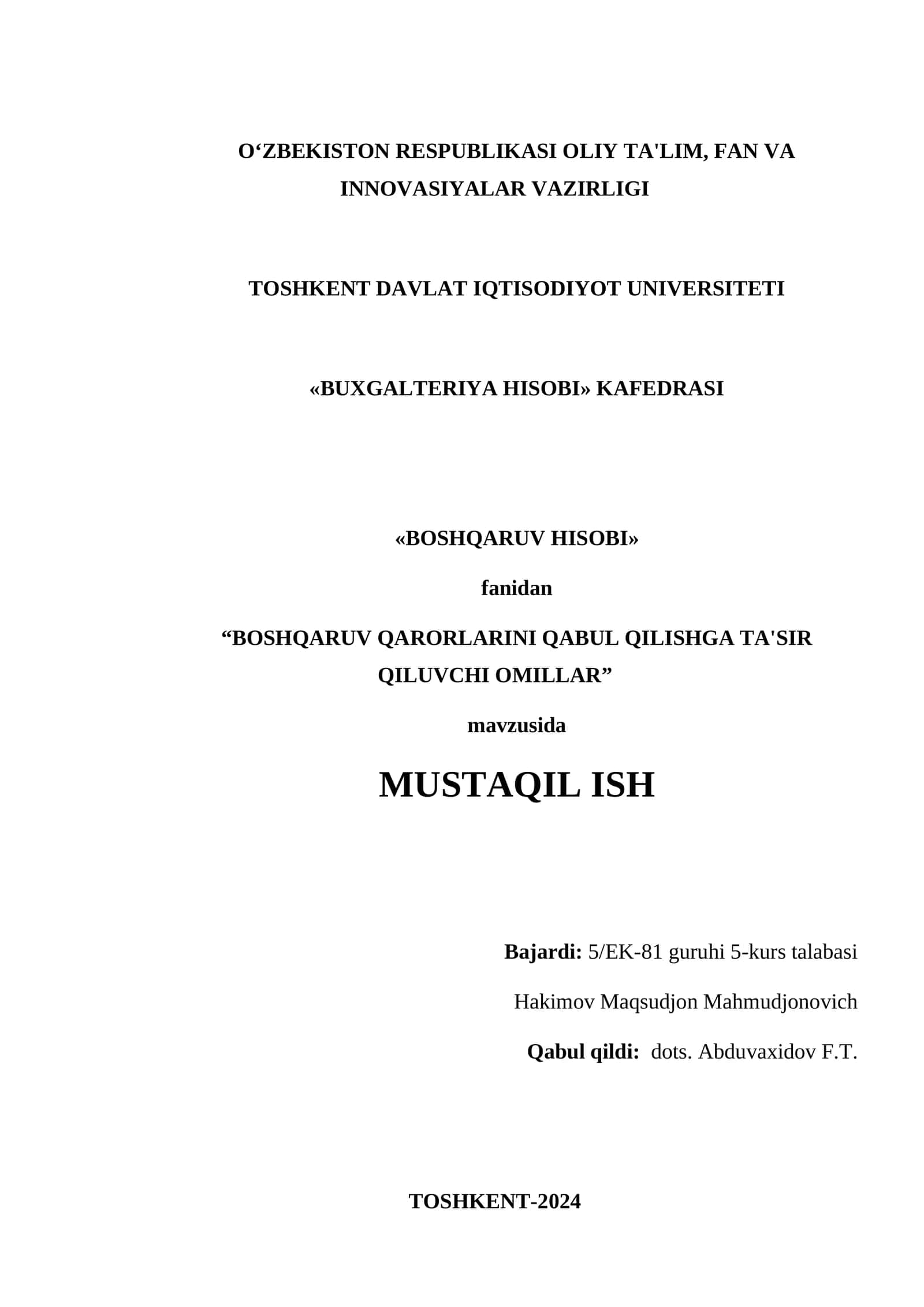 BOSHQARUV QARORLARINI QABUL QILISHGA TA'SIR QILUVCHI OMILLAR