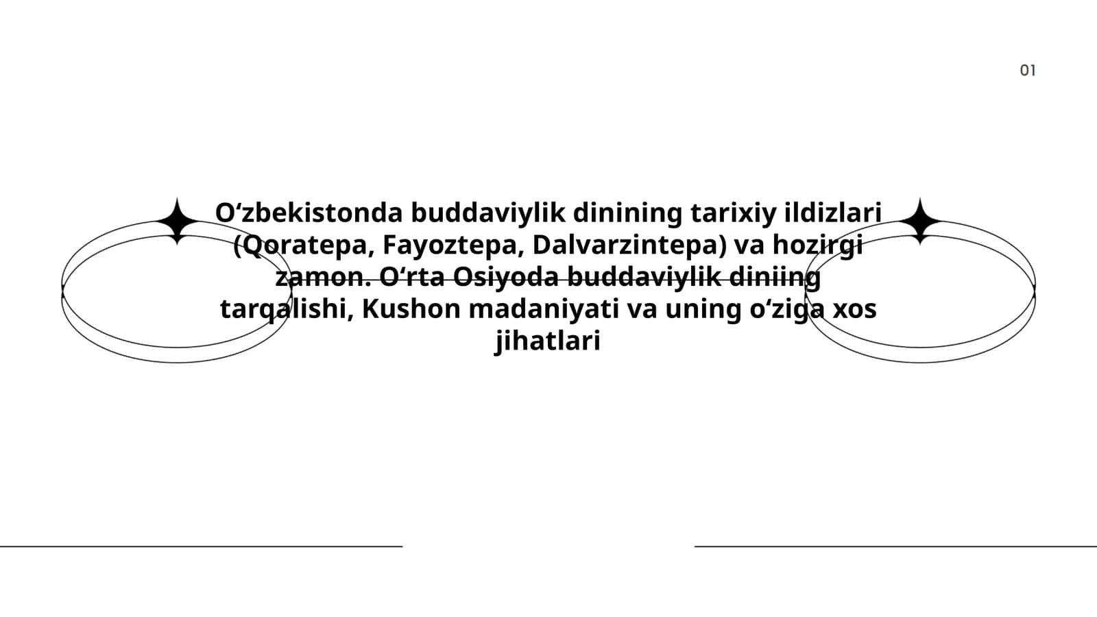 Oʻzbekistonda buddaviylik dinining tarixiy ildizlari (Qoratepa, Fayoztepa, Dalvarzintepa) va hozirgi zamon. Oʻrta Osiyoda buddaviylik diniing tarqalishi, Kushon madaniyati va uning oʻziga xos jihatlari