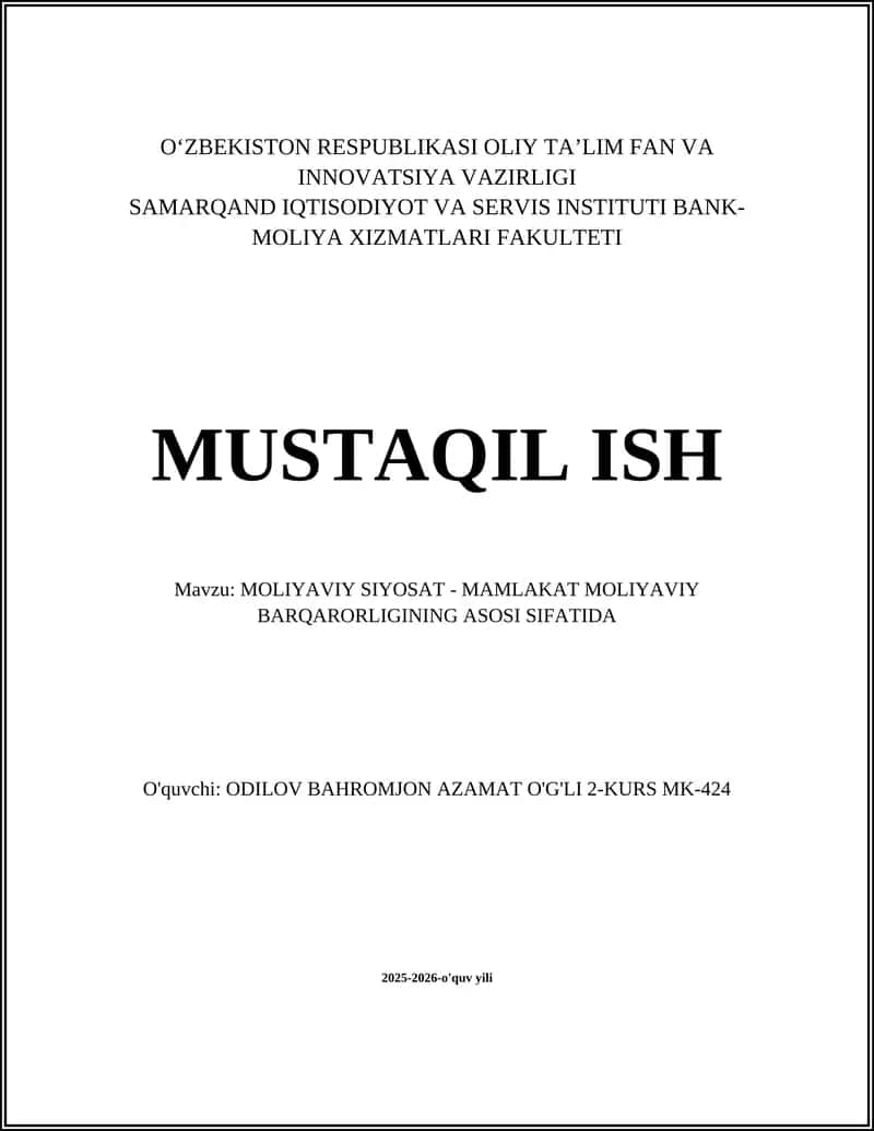 MOLIYAVIY SIYOSAT - MAMLAKAT MOLIYAVIY BARQARORLIGINING ASOSI SIFATIDA