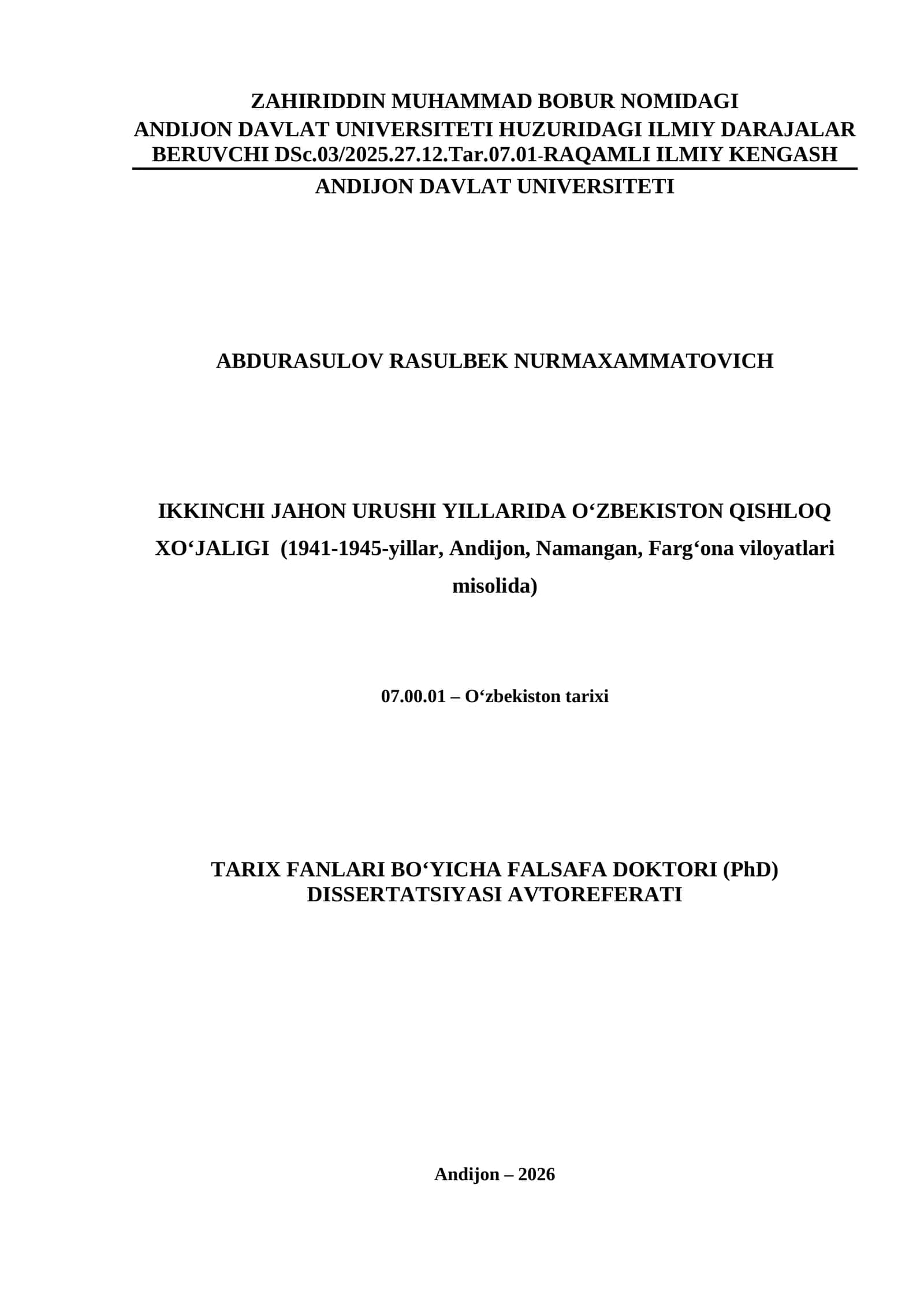 IKkinchi jahon urushi yillarida O‘ZBEKISTON QISHLOQ XO‘JALIGI (1941-1945-yillar, Andijon, Namangan, Farg‘ona viloyatlari misolida)