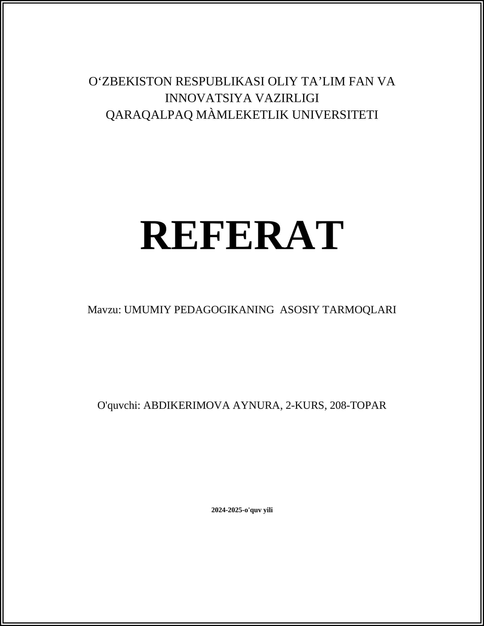 UMUMIY PEDAGOGIKANING ASOSIY TARMOQLARI