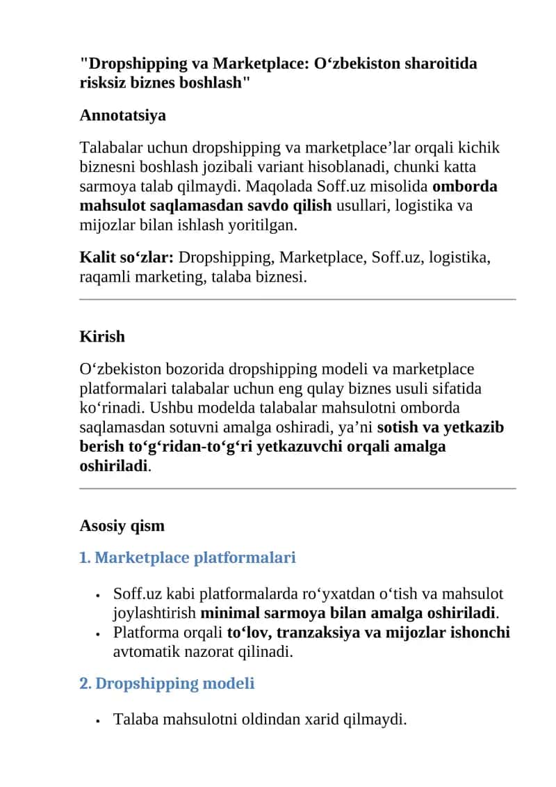 Dropshipping va Marketplace: O‘zbekiston sharoitida risksiz biznes boshlash