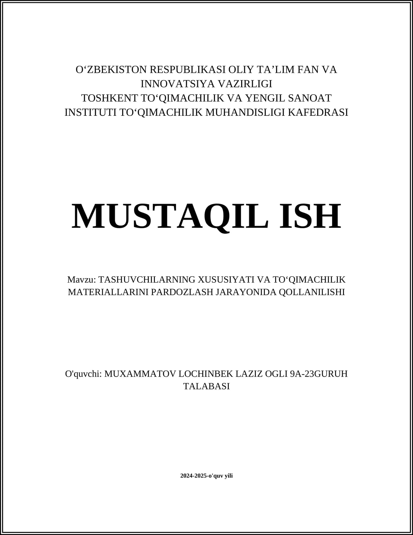 TASHUVCHILARNING XUSUSIYATI VA TOʻQIMACHILIK MATERIALLARINI PARDOZLASH JARAYONIDA QOLLANILISHI