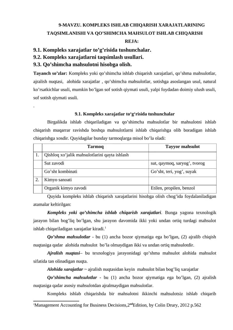 KOMPLEKS ISHLAB CHIQARISH XARAJATLARINING TAQSIMLANISHI VA QO’SHIMCHA MAHSULOT ISHLAB CHIQARISH