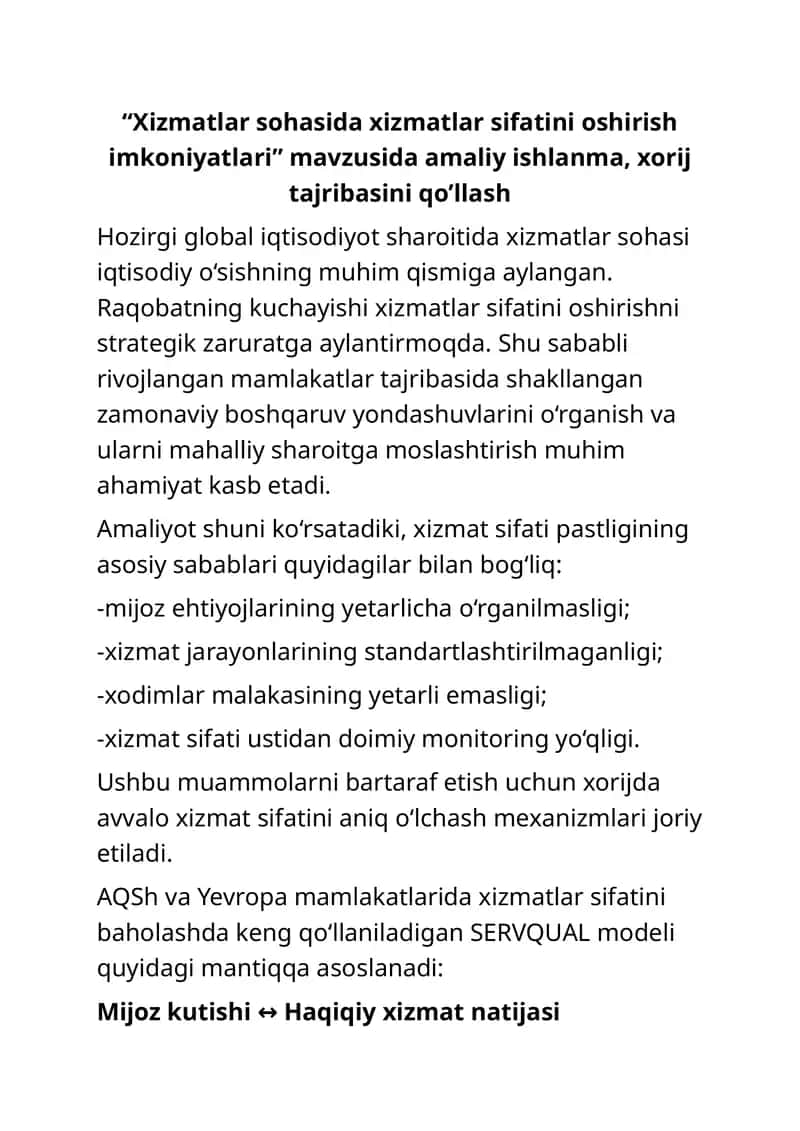 Xizmatlar sifatini oshirish imkoniyatlari