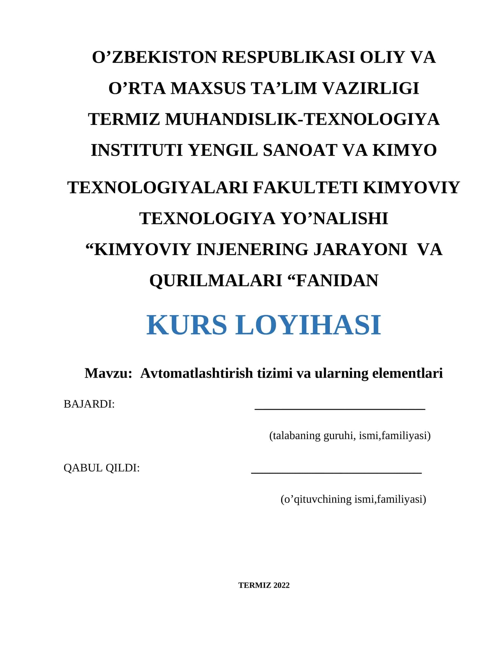 Avtomatlashtirish tizimi va ularning elementlari