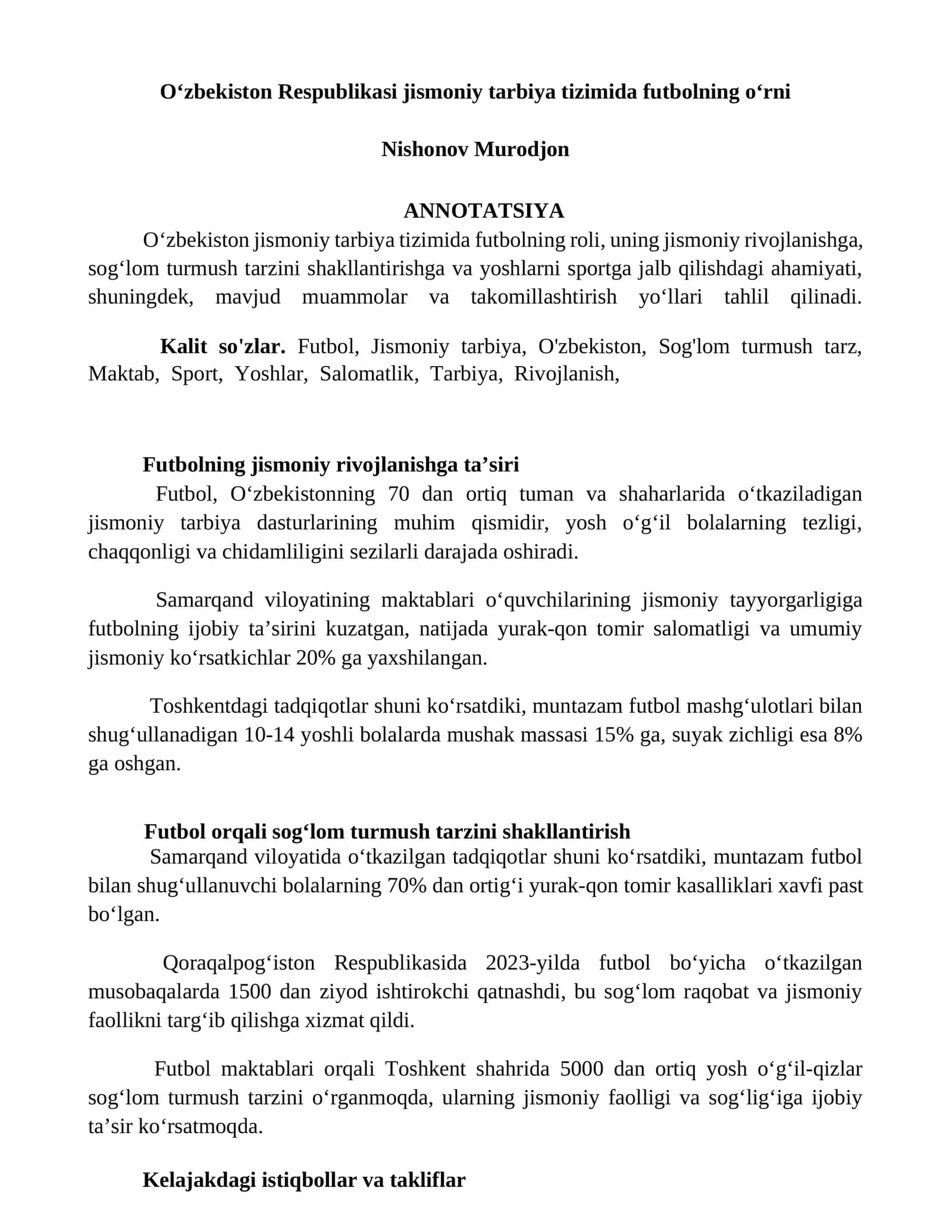 Oʻzbekiston Respublikasi jismoniy tarbiya tizimida futbolning oʻrni