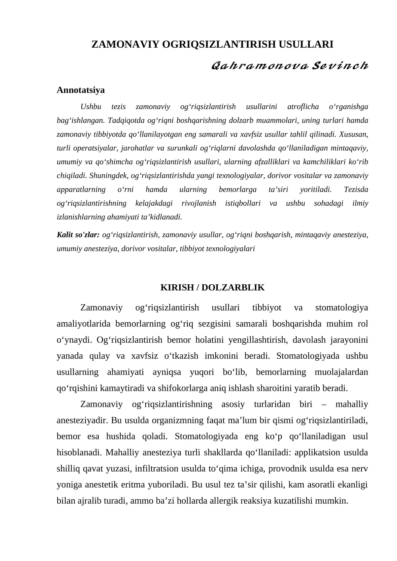 ZAMONAVIY OGRIQSIZLANTIRISH USULLARI