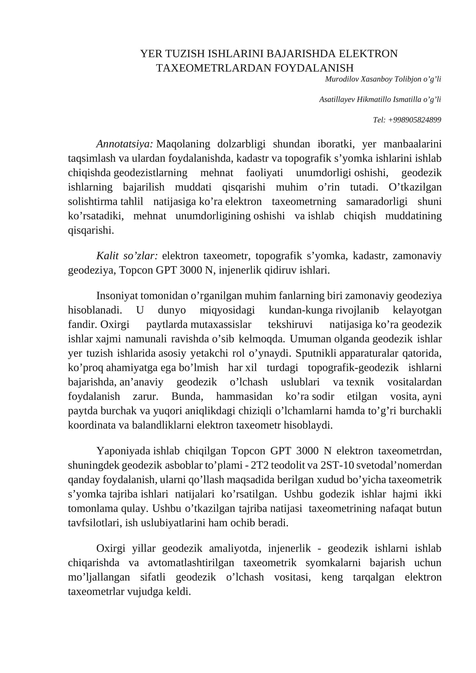 YER TUZISH ISHLАRINI BАJАRISHDА ELEKTRОN TАХEОMETRLАRDАN FОYDАLАNISH