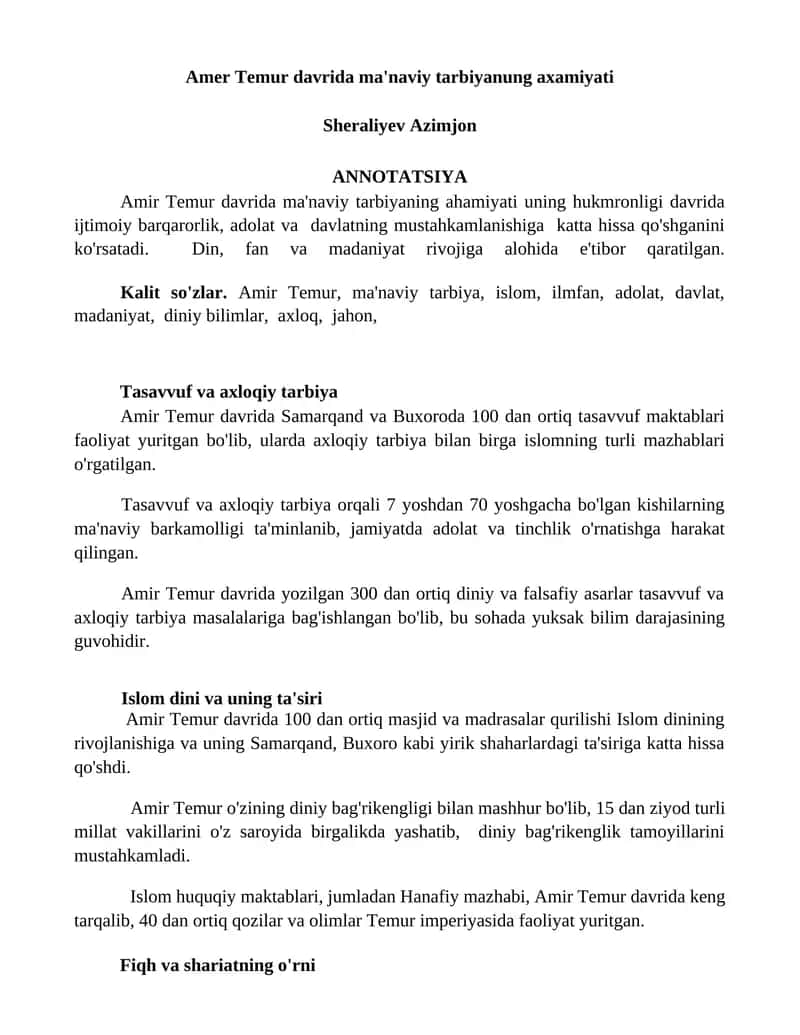 Amer Temur davrida ma'naviy tarbiyanung axamiyati
