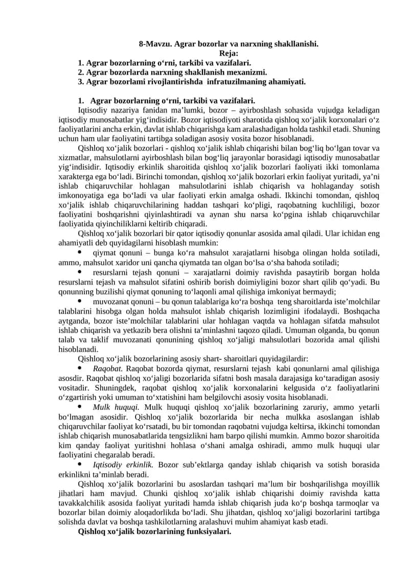 Agrar bozorlar va narxning shakllanishi
