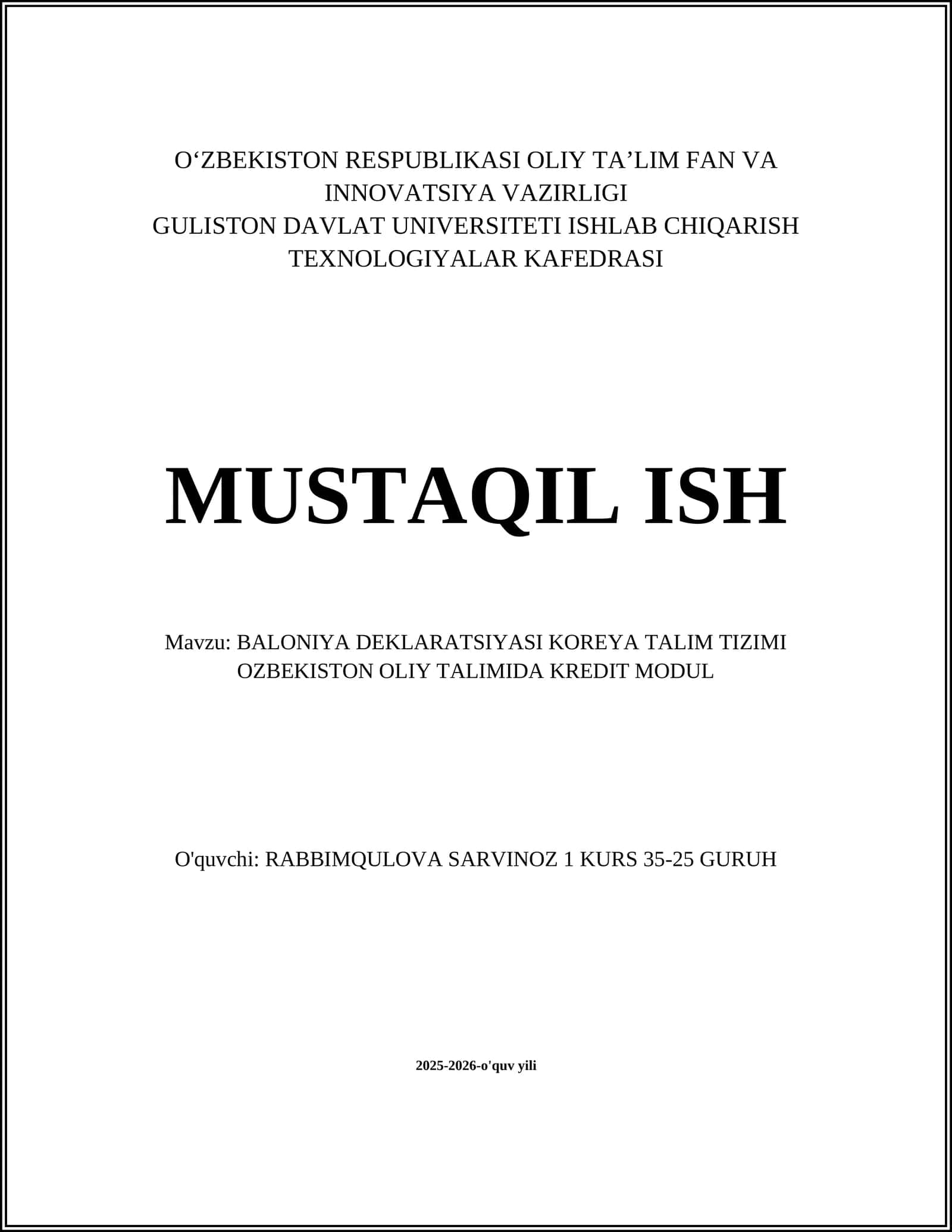 BALONIYA DEKLARATSIYASI KOREYA TALIM TIZIMI OZBEKISTON OLIY TALIMIDA KREDIT MODUL