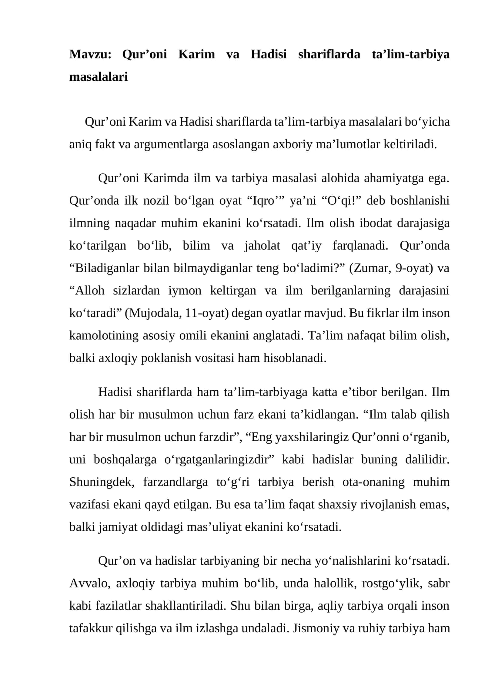 Qur’oni Karim va Hadisi shariflarda ta’lim-tarbiya masalalari