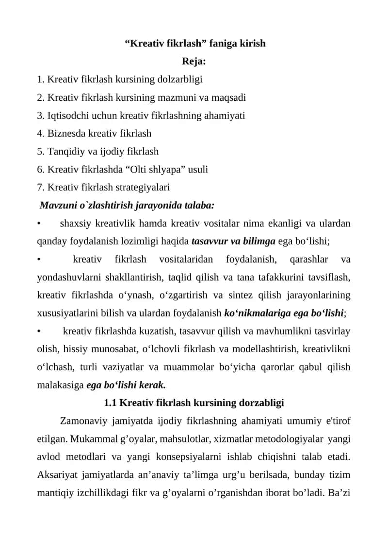 Kreativ fikrlash kursi