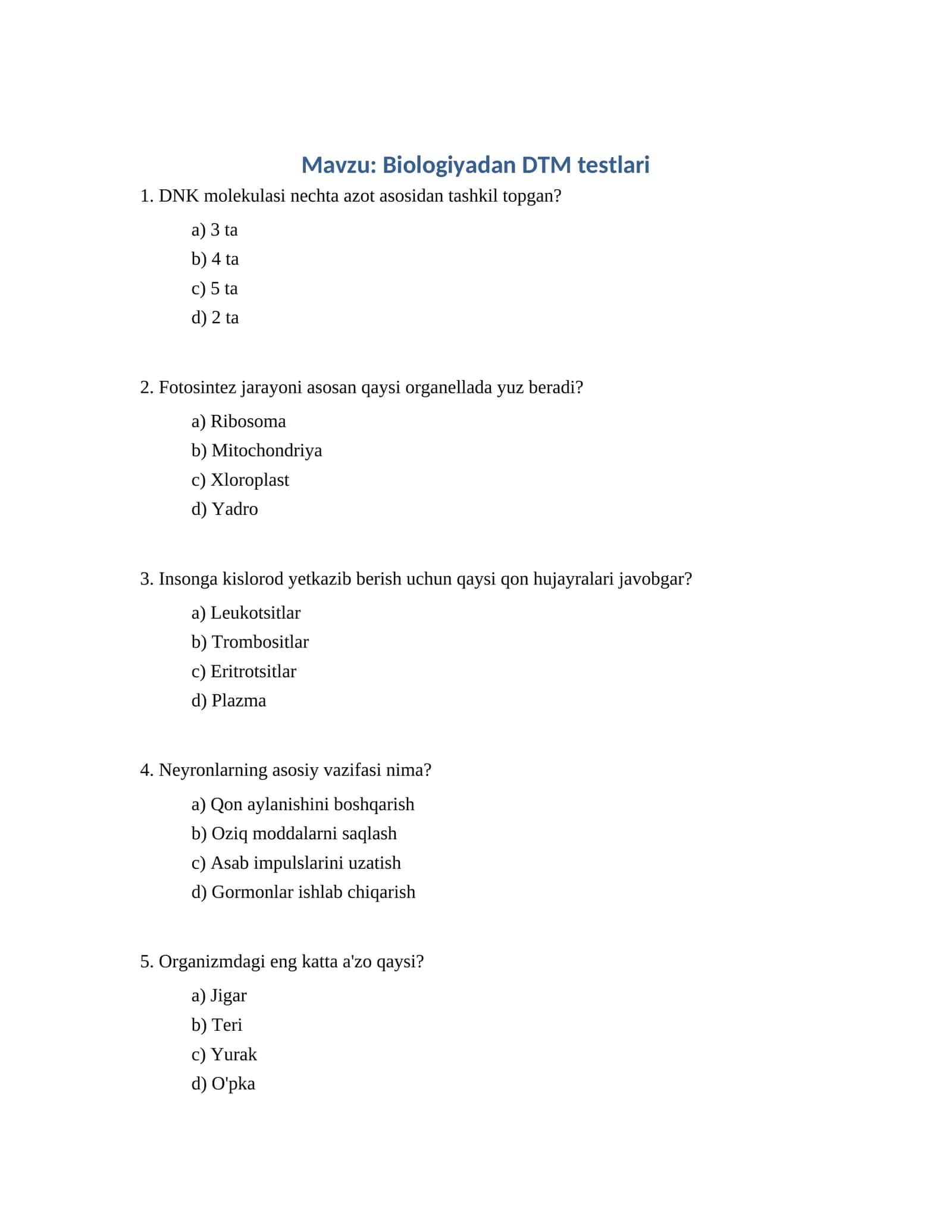 Biologiyadan DTM testlari