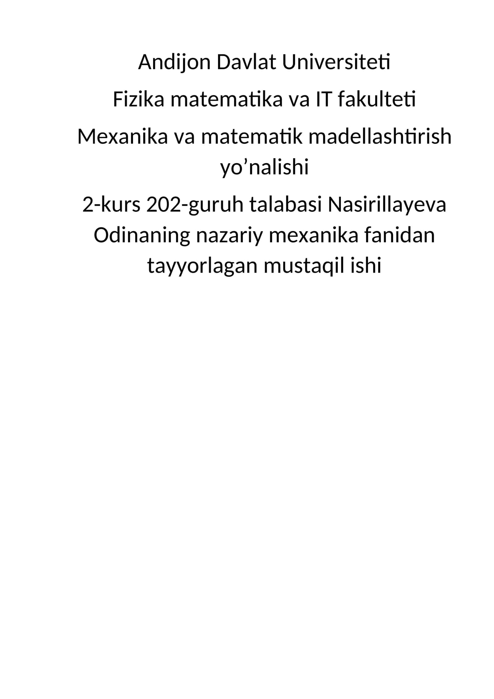 Nazariy mexanika fanidan tayyorlagan mustaqil ishi