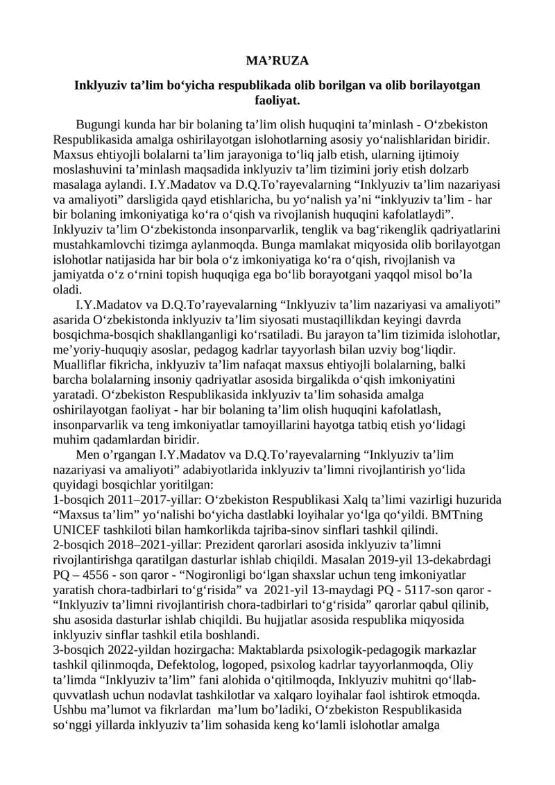 Inklyuziv ta’lim bo‘yicha respublikada olib borilgan va olib borilayotgan faoliyat.