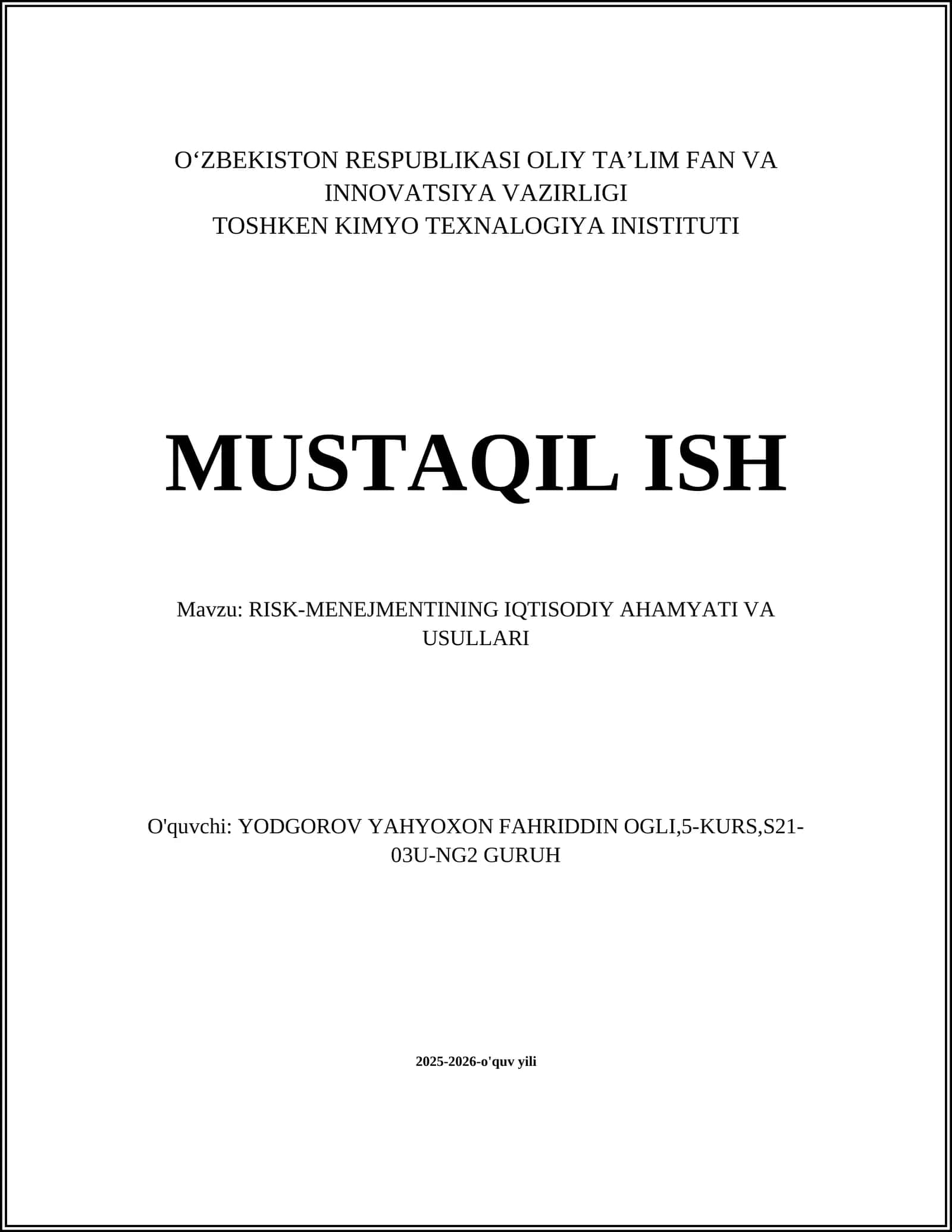 RISK-MENEJMENTINING IQTISODIY AHAMYATI VA USULLARI