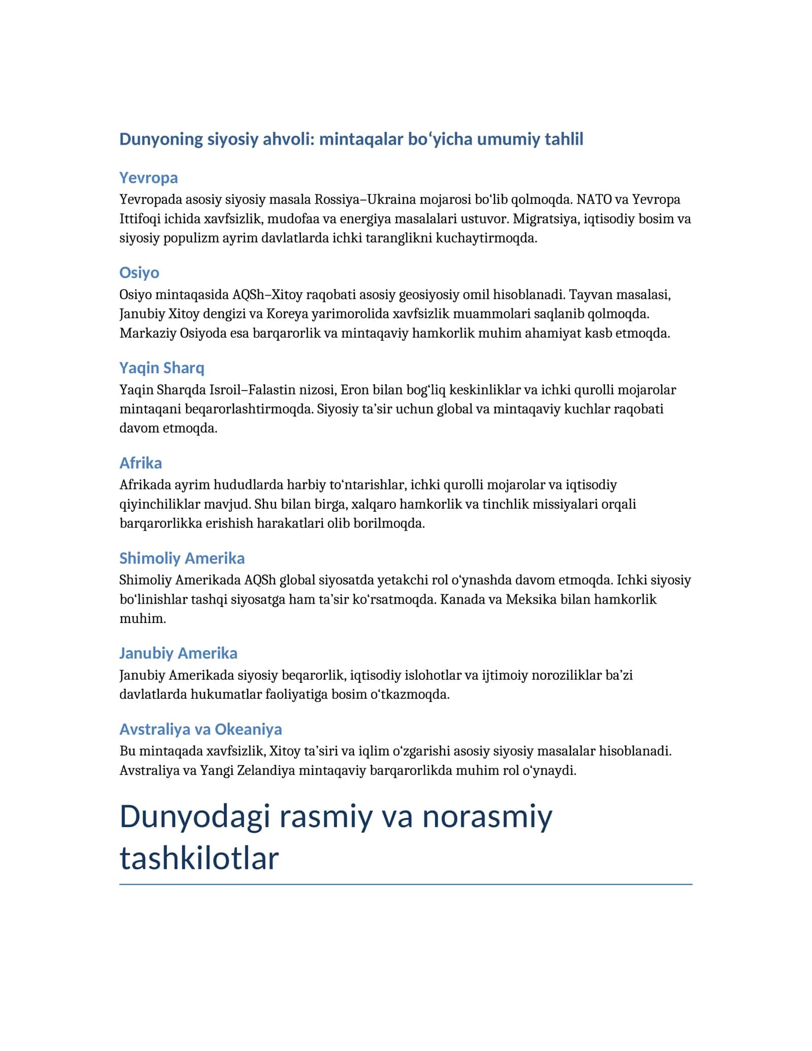 hozirgi dunyo, siyosat va xalqaro tashkikotlar