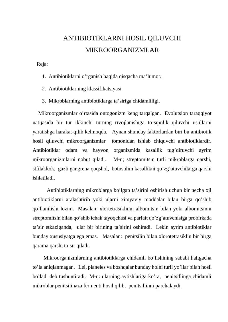 ANTIBIOTIKLARNI HOSIL QILUVCHI MIKROORGANIZMLAR
