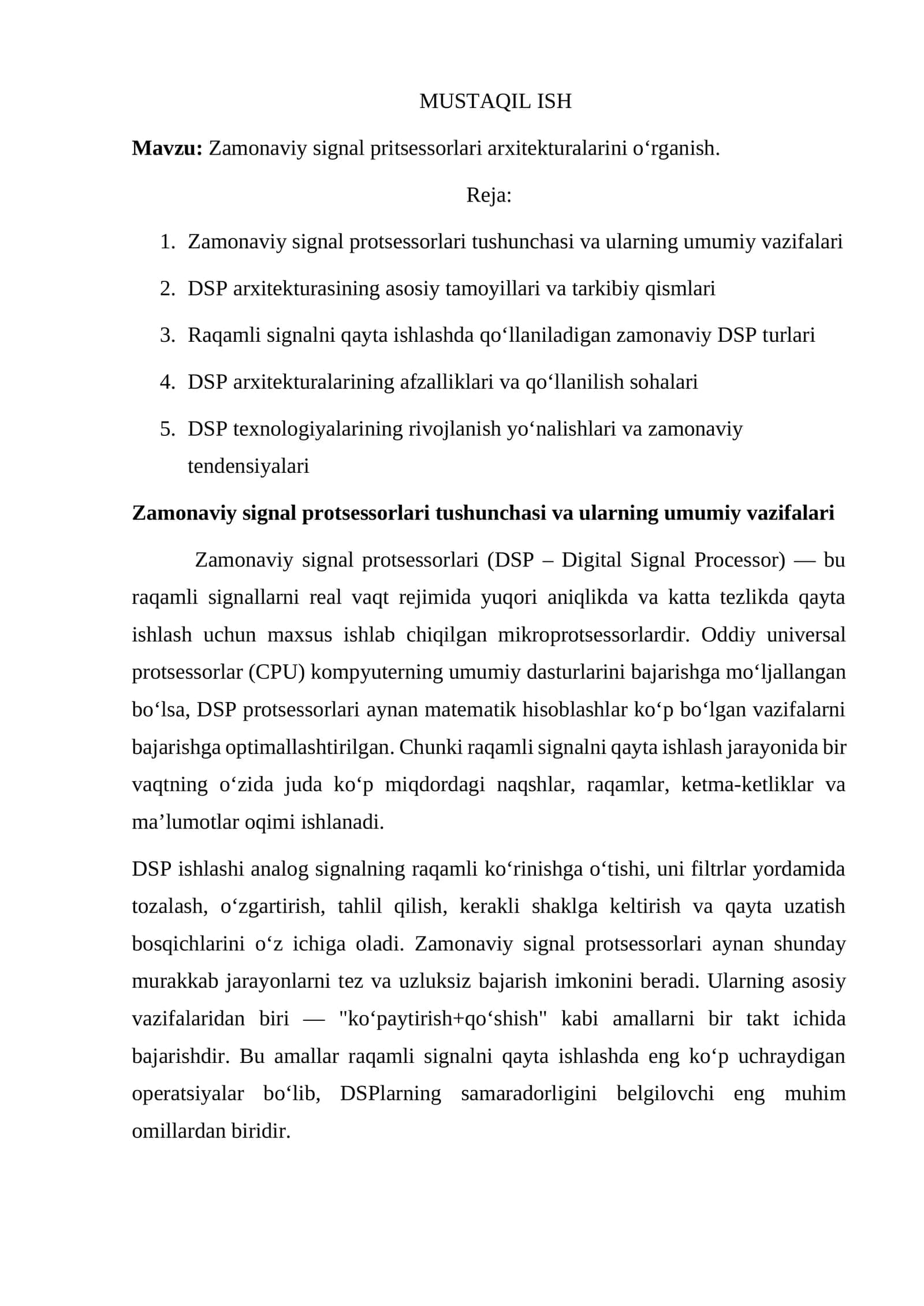 Zamonaviy signal pritsessorlari arxitekturalarini o‘rganish.