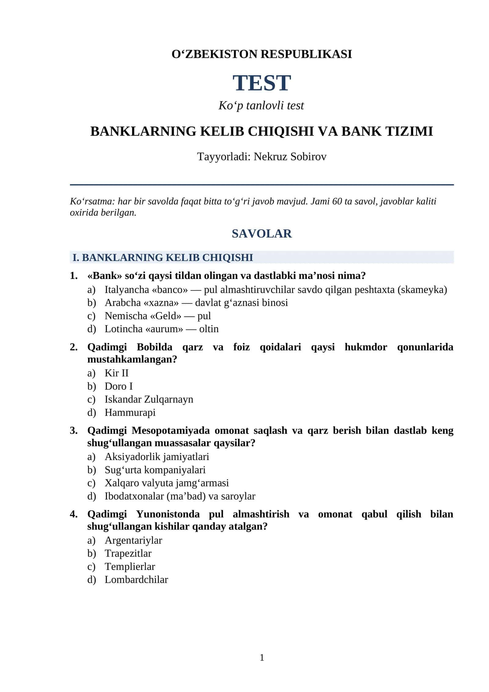 BANKLARNING KELIB CHIQISHI VA BANK TIZIMI