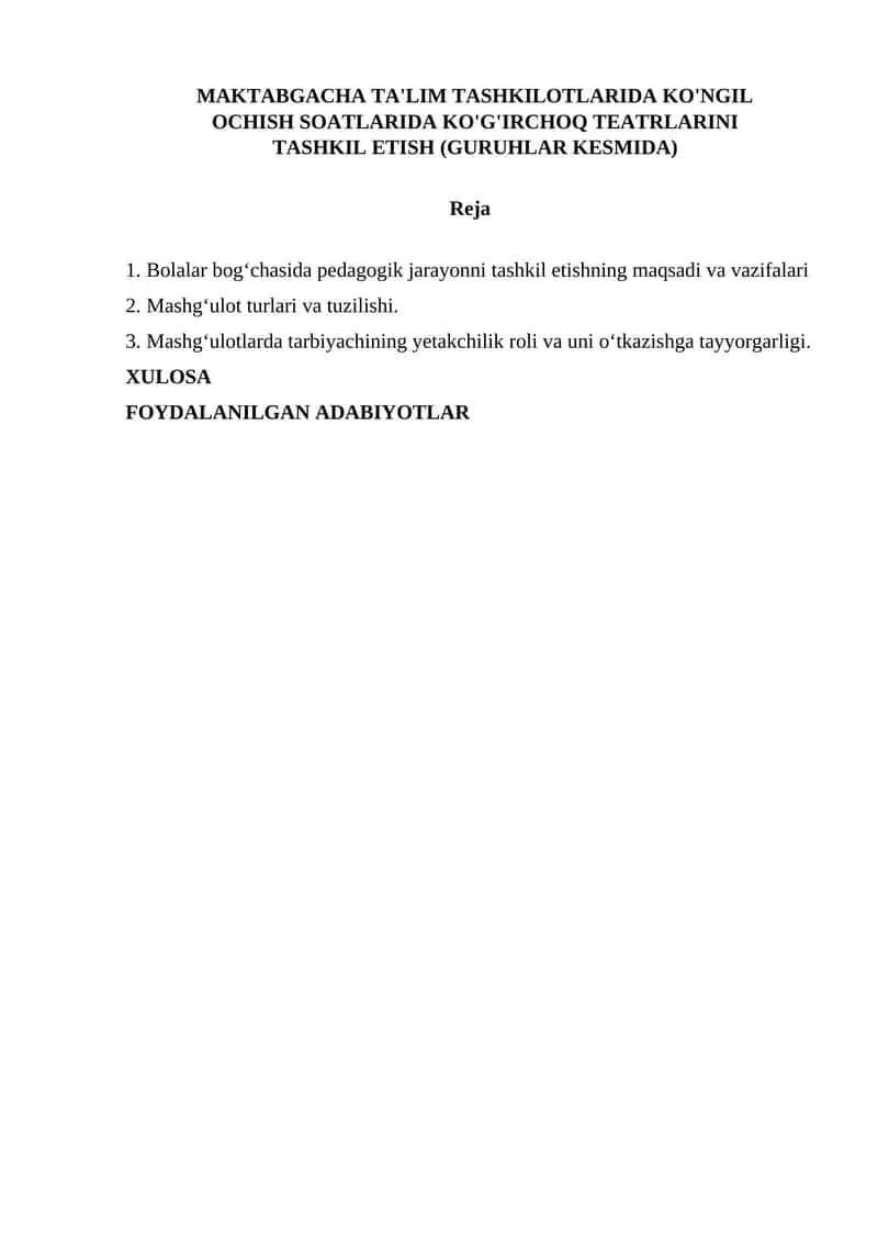 KO'G'IRCHOQ TEATRLARINI TASHKIL ETISH (GURUHLAR KESMIDA)