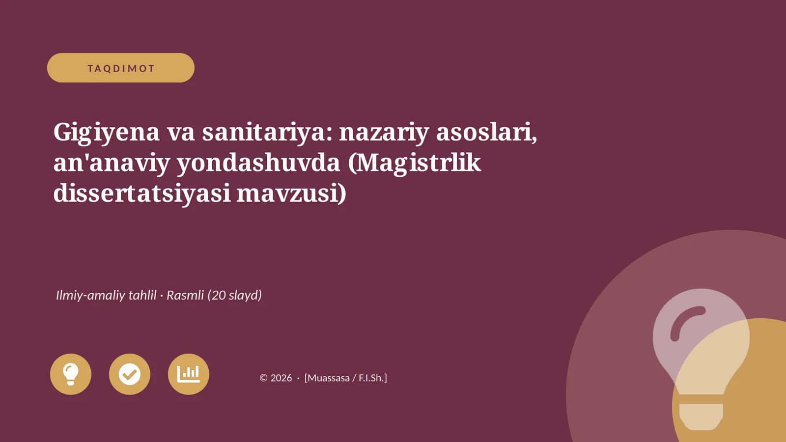 Gigiyena va sanitariya: nazariy asoslari, an'anaviy yondashuvda (Magistrlik dissertatsiyasi mavzusi)