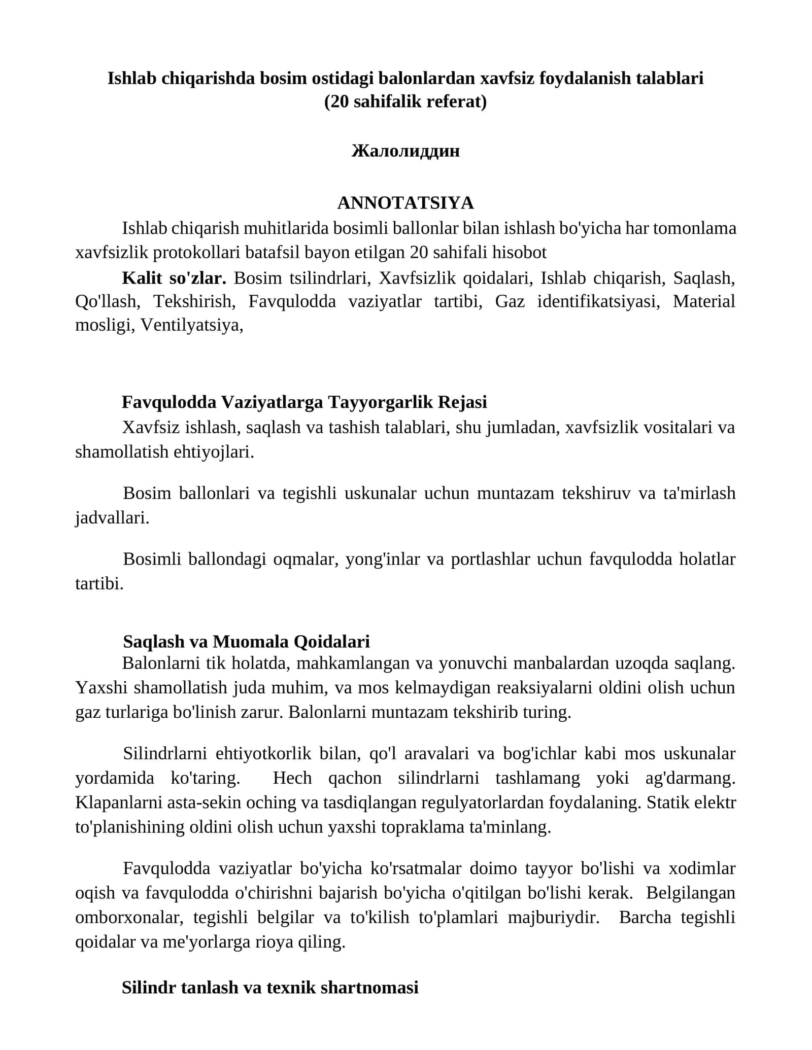 Ishlab chiqarishda bosim ostidagi balonlardan xavfsiz foydalanish talablari