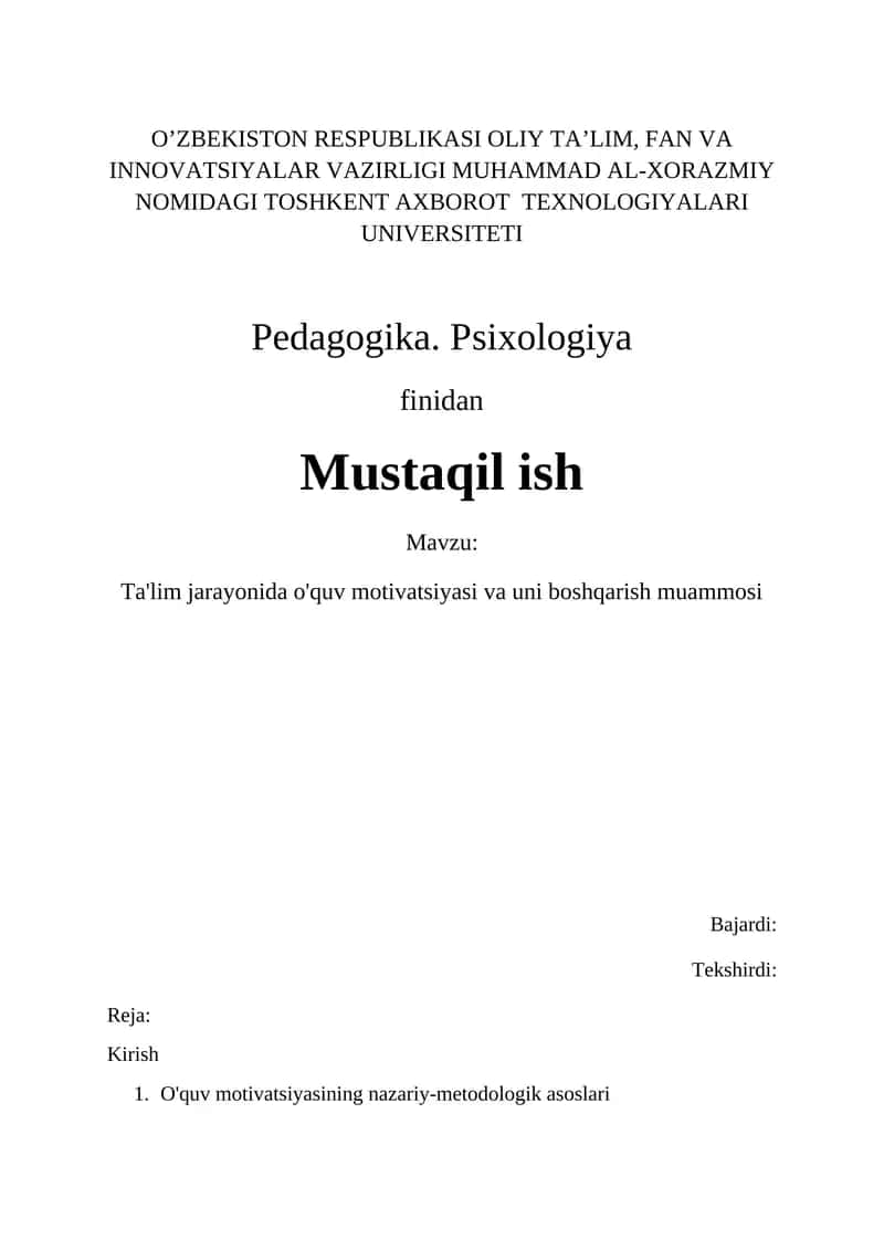 Ta'lim jarayonida o'quv motivatsiyasi va uni boshqarish muammosi
